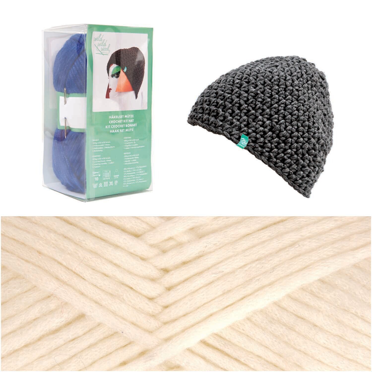 Häkelset Mütze Wild Wild Wool uni von Rico Design in Creme, mit Garn und fertiger Mütze.