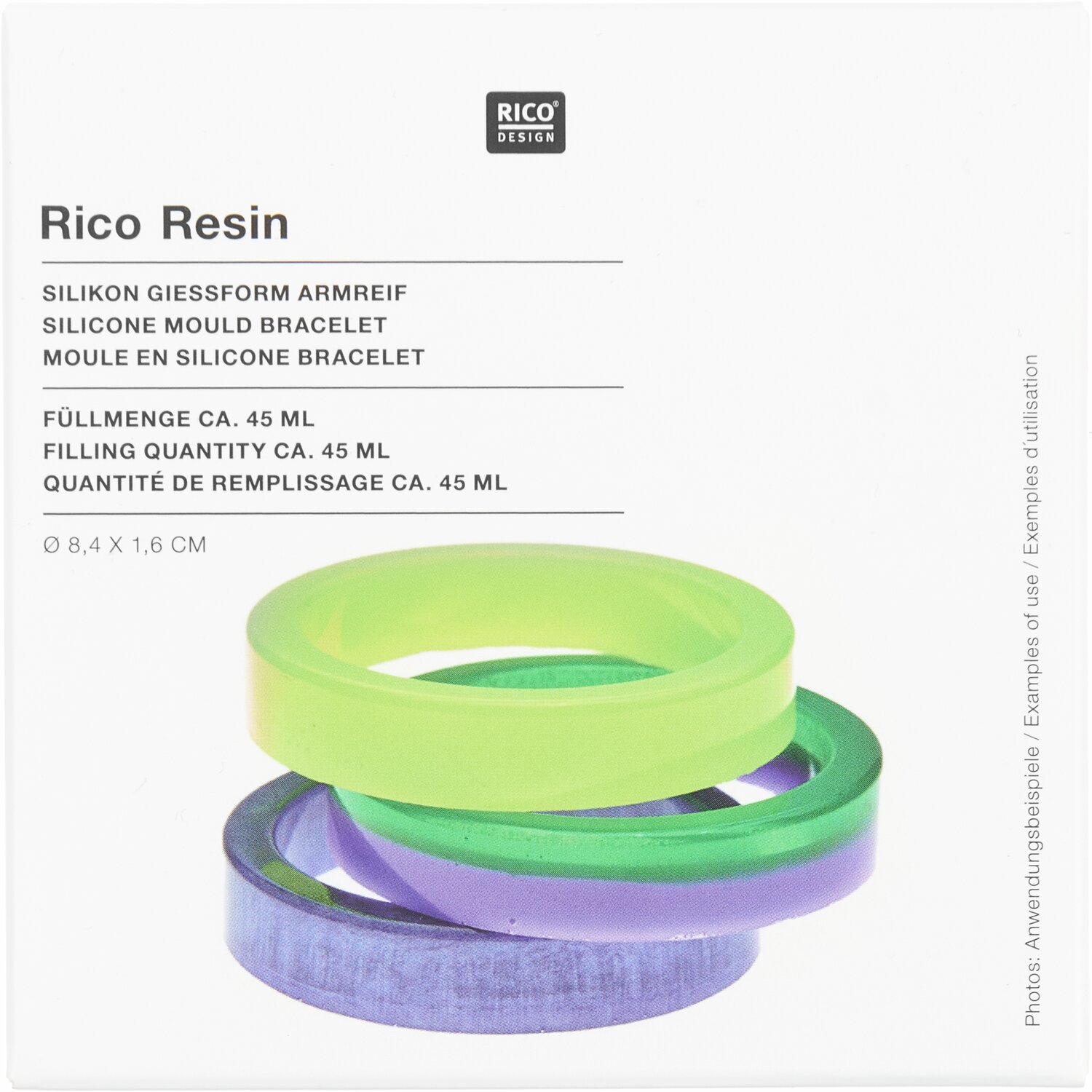 Silikon Gießform Armreif Ø8,4x1,6cm von Rico Design Silikon Gießform Armreif von Rico Design, Ø8,4x1,6cm, in Grün, Blau und Lila, ideal für DIY-Schmuckprojekte.