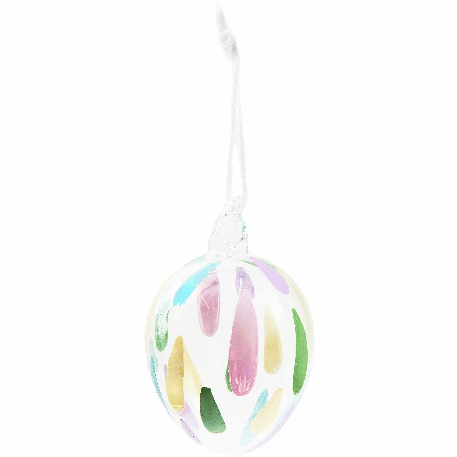 Glas Ei Tropfen, 9xØ6cm, mit bunten Farbtupfern. Ideal als dekorativer Anhänger für Ostern oder Frühling.