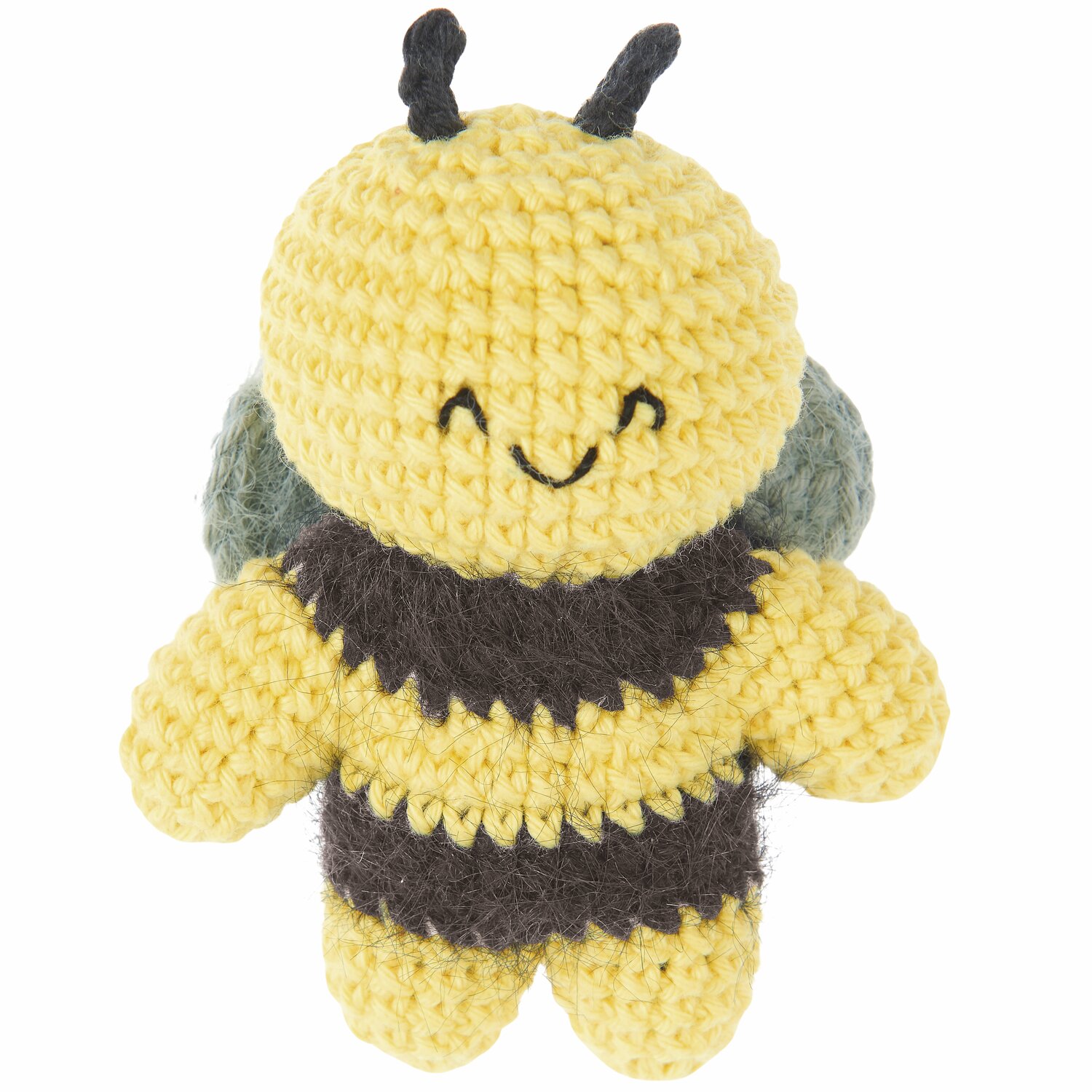 Ricorumi Rico Chingus, gehäkelte Biene in Pastellgelb und Schwarz, lächelnd mit Flügeln.