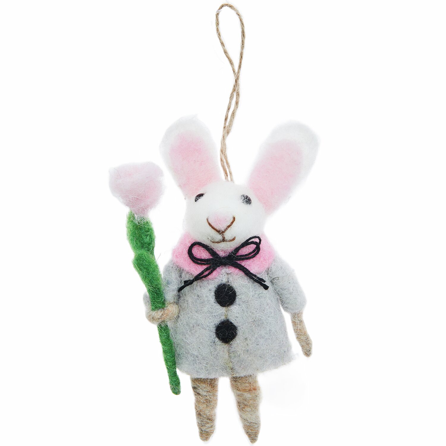 Aufhänger Filz-Hase mit Jacke und Blume: Niedlicher Hase aus Filz in grauer Jacke, rosa Details, hält eine Blume. Perfekt als Dekoration.
