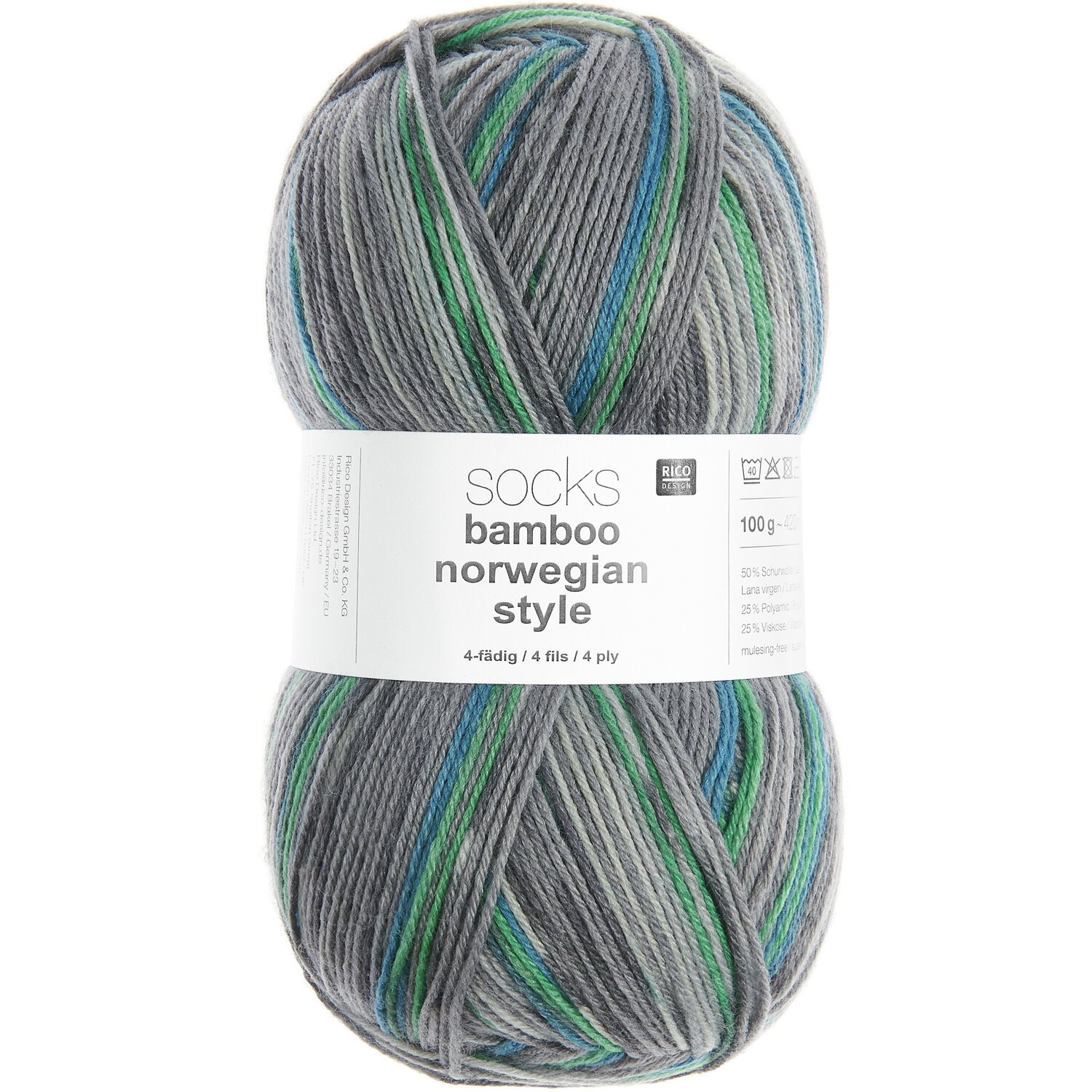 Superba Bamboo superwash: Graues Garn mit blauen und grünen Akzenten, ideal für Socken. 100g, 420m.