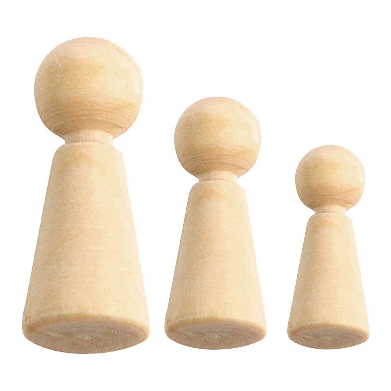 Figurenkegel aus Holz von Rico Design, in drei Größen, ideal für kreative Bastelprojekte.