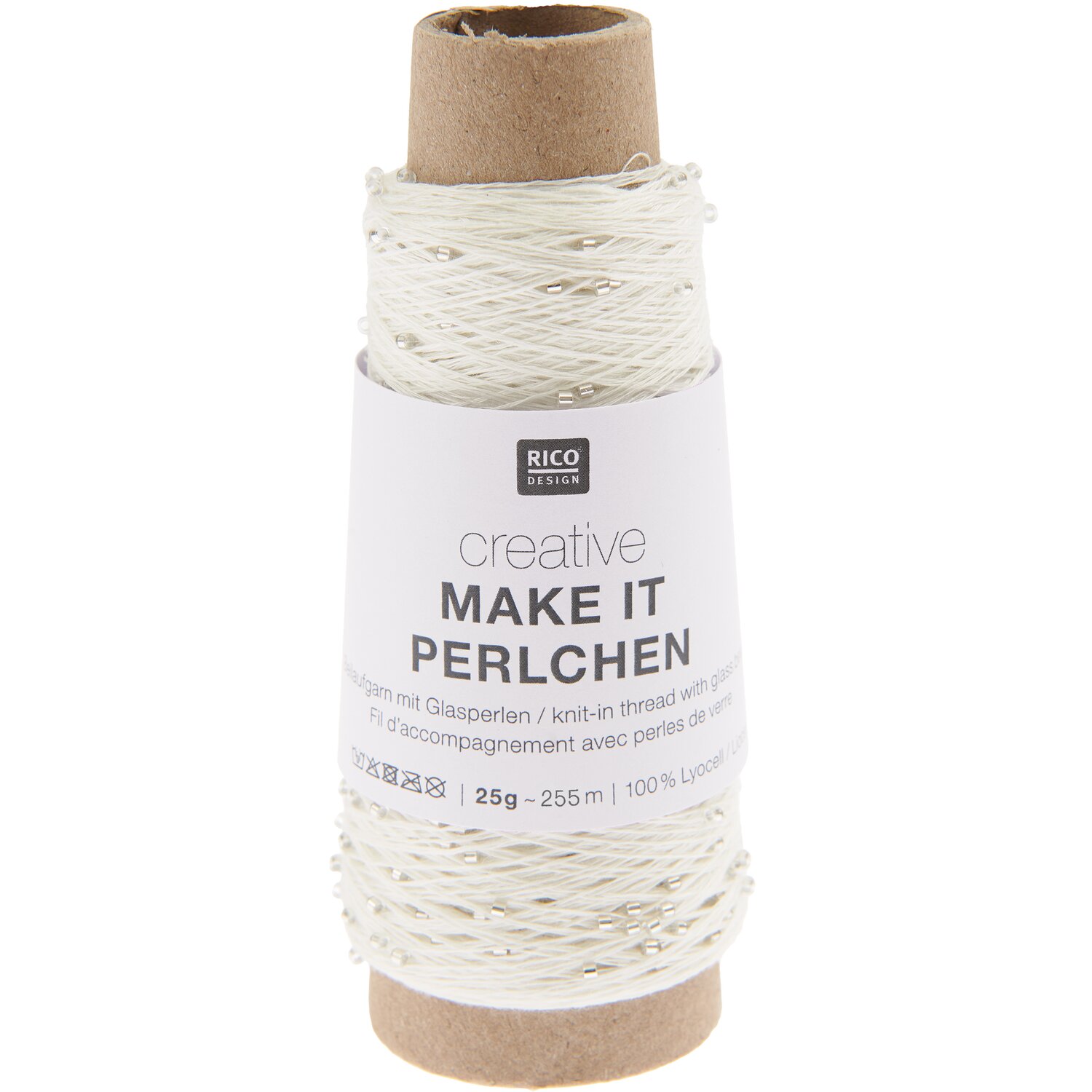 Creative Make It Perlchen feines Beilaufgarn von Rico Design auf Pappspule, glänzend mit kleinen Glasperlen für dekorative Strick- und Häkelprojekte, 25g 255m