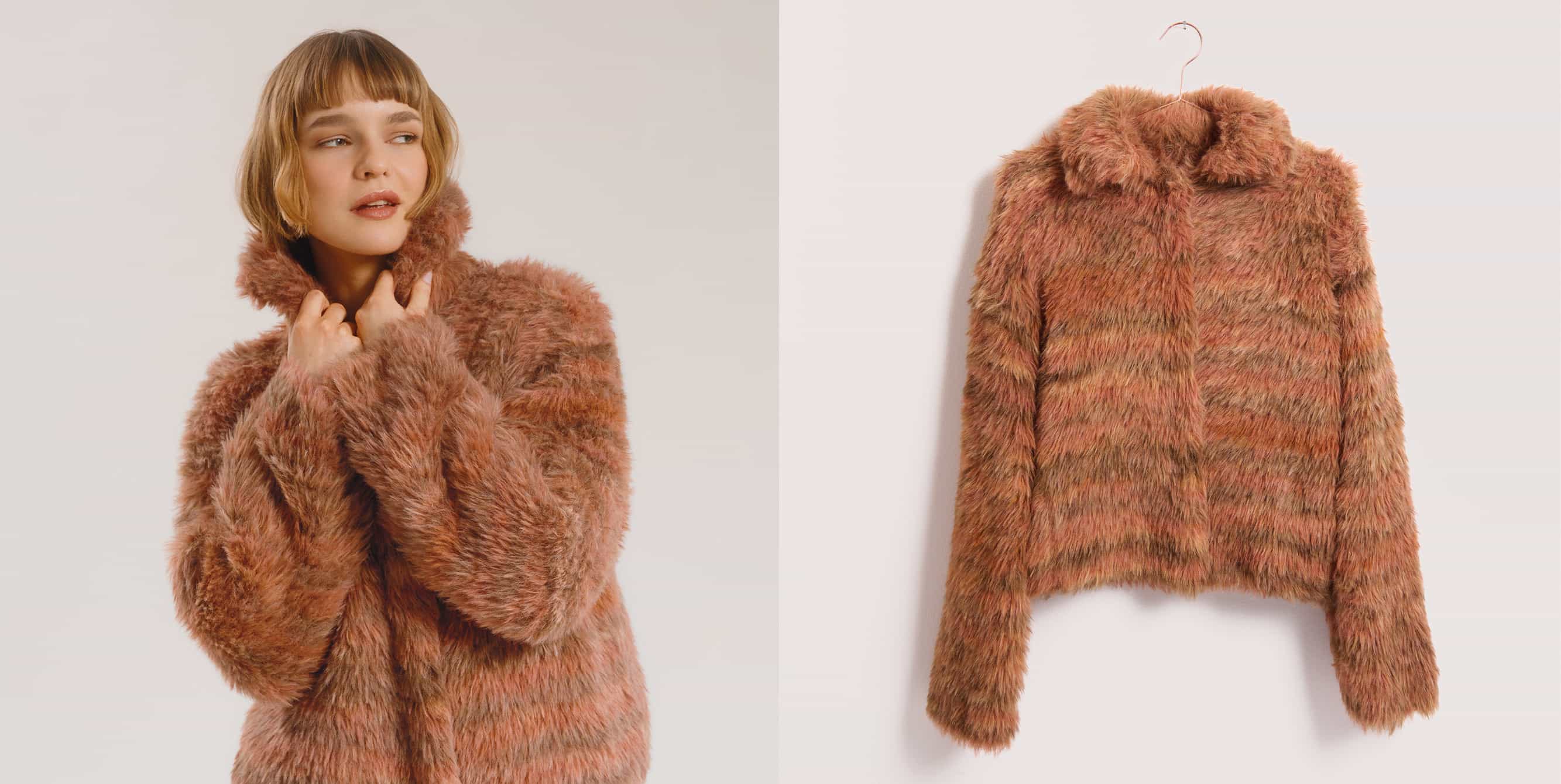 Kuschelige, gestrickte Jacke in warmen Brauntönen, gezeigt als getragenes Modell und Produktansicht.