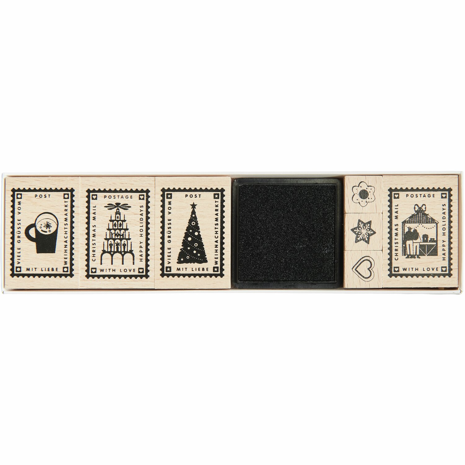 Stempelset Weihnachtspost von Rico Design mit 11 Teilen, darunter weihnachtliche Motive wie Tannenbaum und Geschenke.