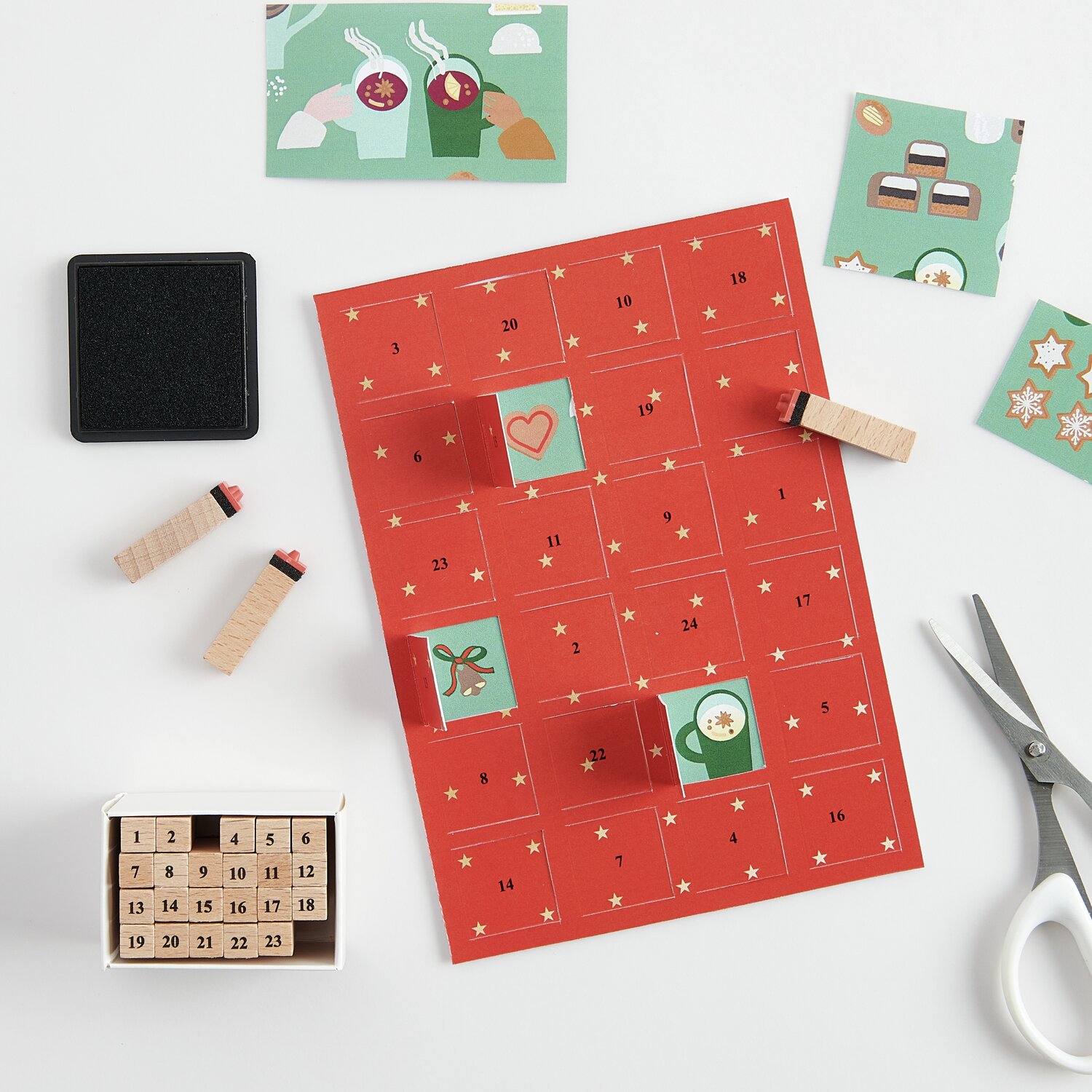 Mini Stempelset Zahlen 1-24: Kreatives Set mit Stempeln, Tinte und Karten, ideal für DIY-Projekte.