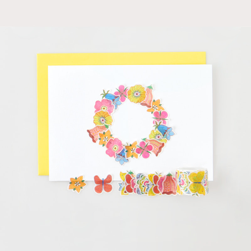 Karte mit Blumenkranz aus Stickern