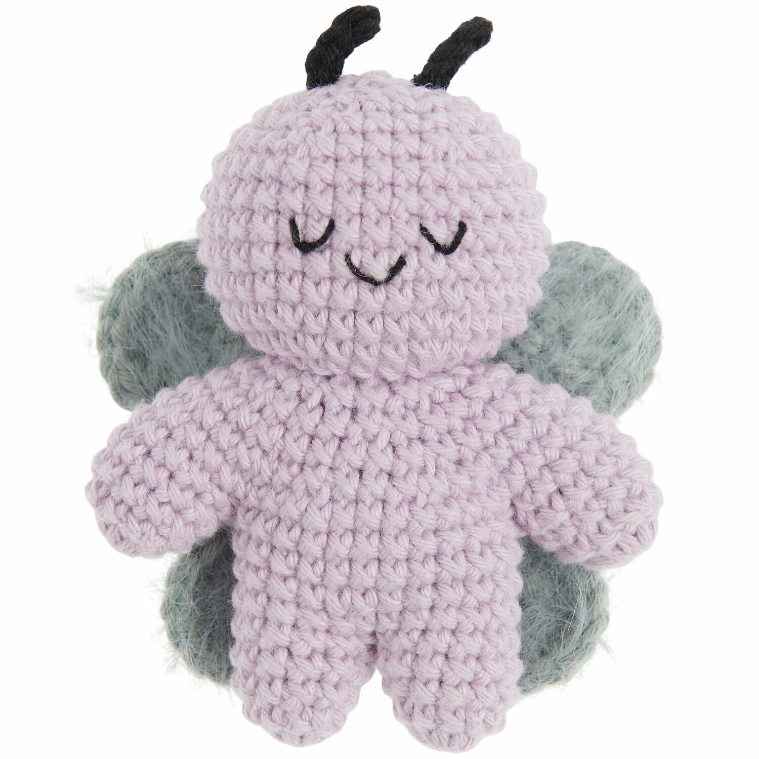 Ricorumi Häkelset Schlüsselanhänger - Chingu Sky: Lila gehäkelter Schmetterling von Rico Design mit schwarzen Fühlern und grauen Flügeln.