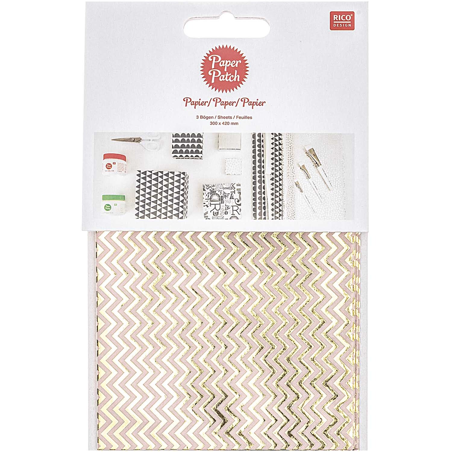 SB Paper Patch Papier Zickzack gold 30x42cm 3 Bogen Hot Foil von Rico Design