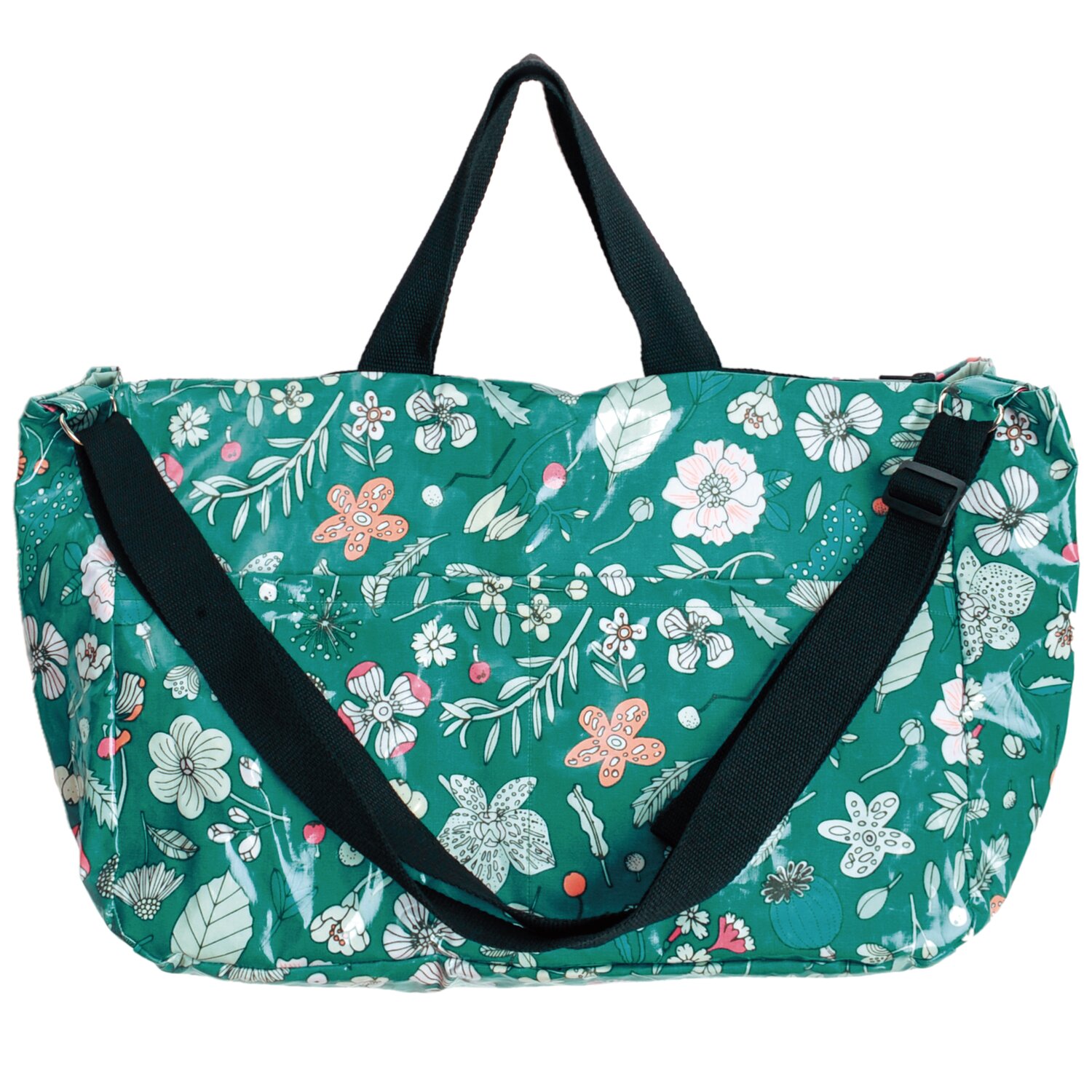 Gurtband 40mm 2m an großer Wochenendtasche mit Blumenprint, verstellbarer Schulterriemen aus dunkelblauem Rico Design Band für komfortables Tragen
