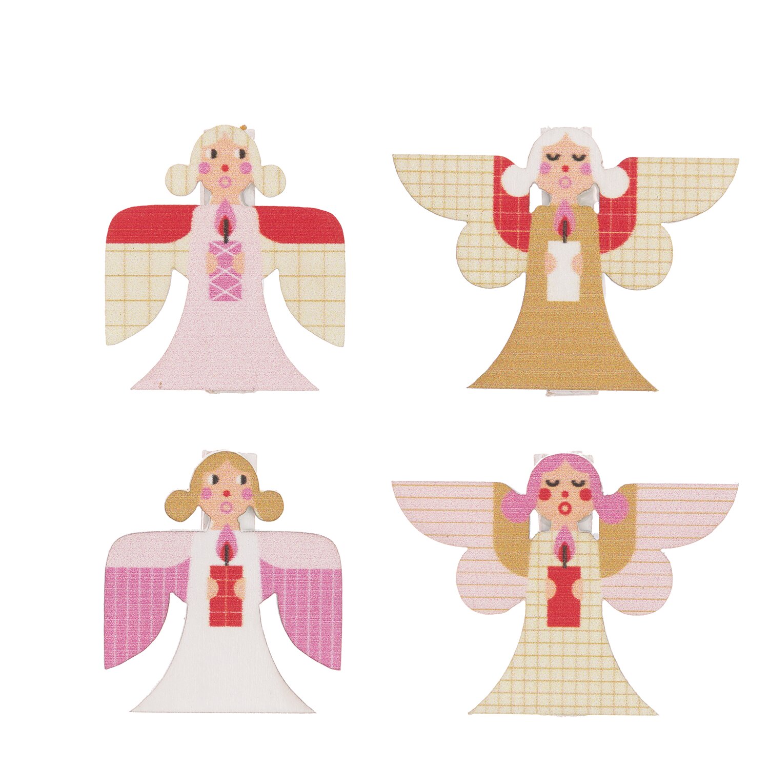 Dekoklammern Engel 3,5cm 4 Stück, mehrfarbig, von Rico Design. Vier Engel in verschiedenen Farben und Designs, ideal für festliche Dekorationen.
