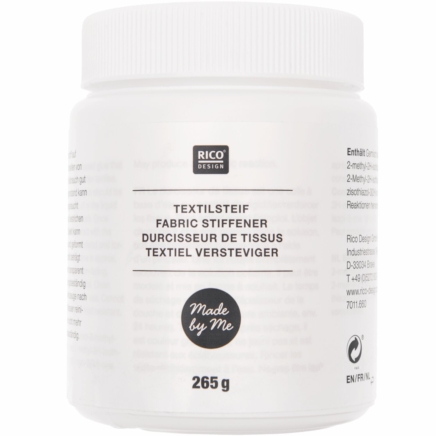 Textilsteif, 265g, von Rico Design in transparentem Behälter. Ideal zum Versteifen von Stoffen.