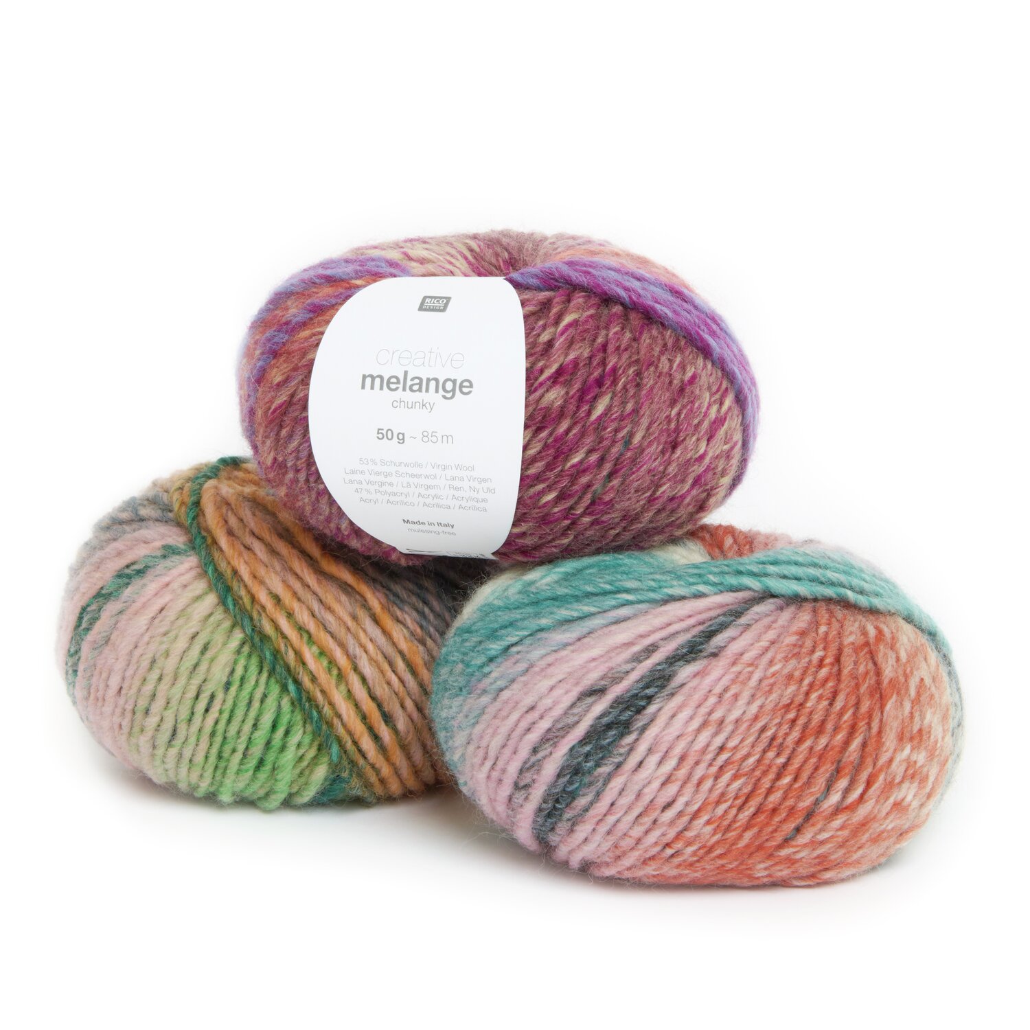 Creative Melange chunky Wolle von Rico Design in bunten Farben, ideal für Strickprojekte.