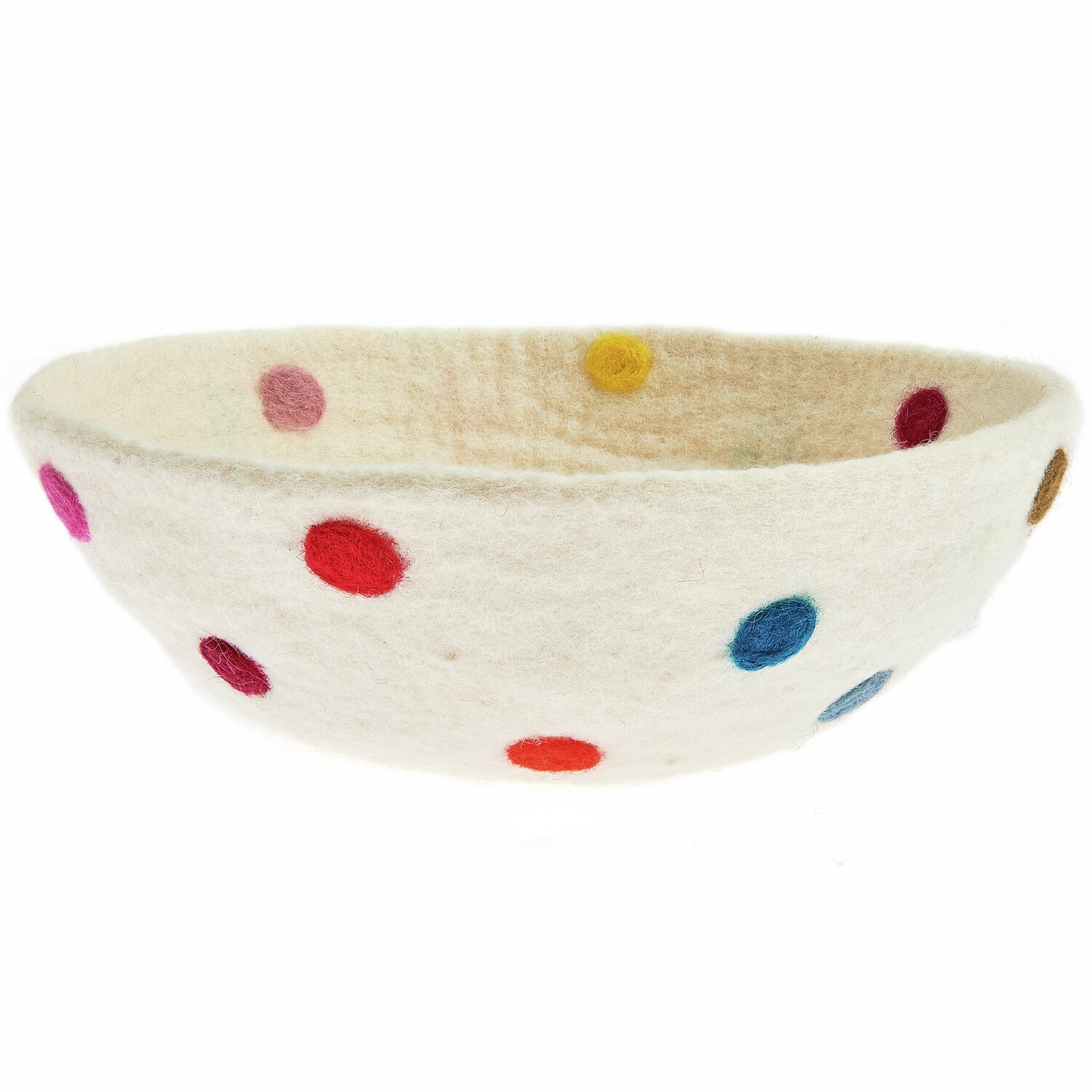 Filz-Korb bunt bepunktet handgefilzt, 23x23x9cm, mit farbigen Punkten auf cremefarbenem Hintergrund.
