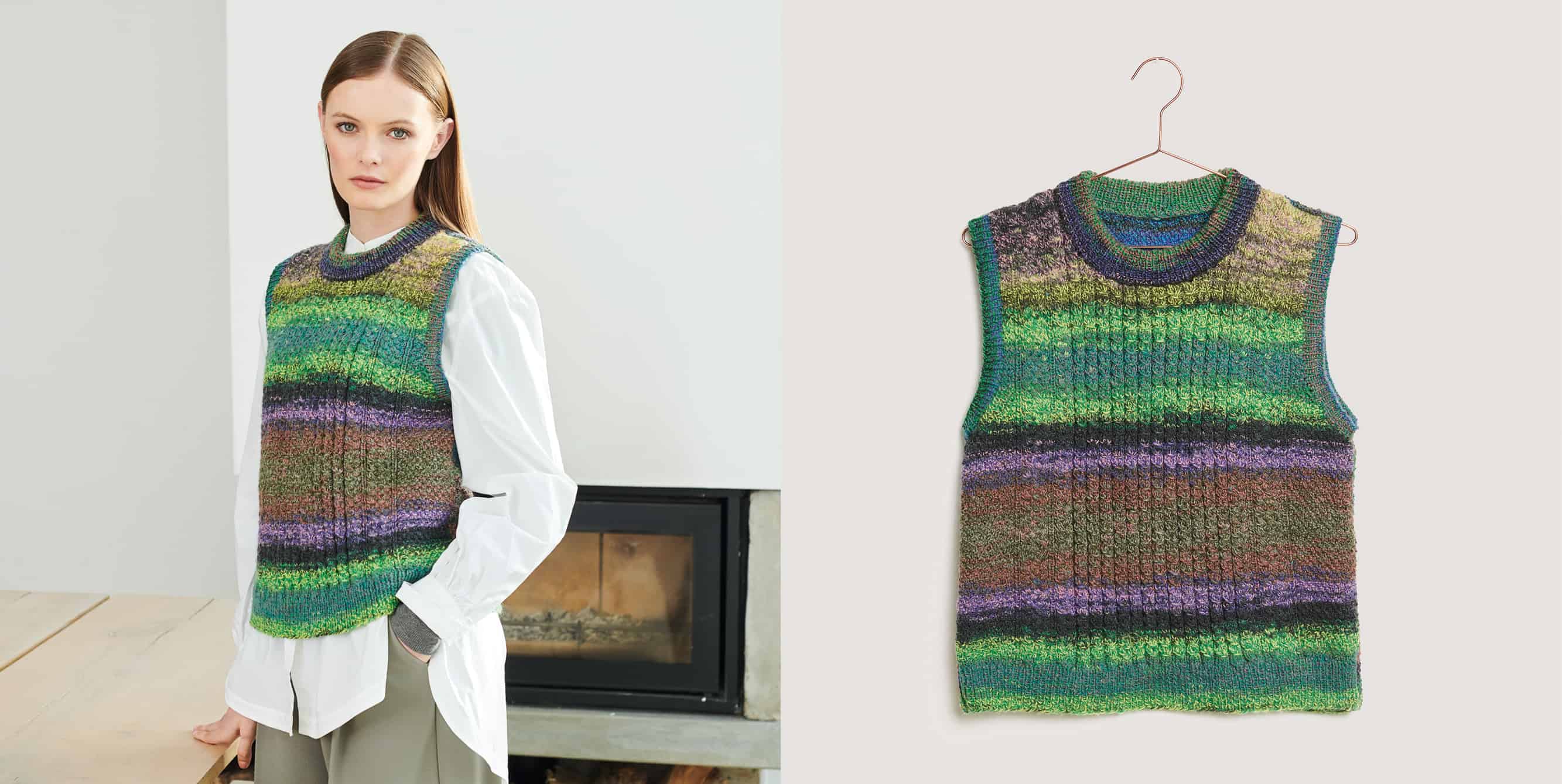 Gestrickter Pullunder Modell 37 aus Lovewool No. 19 getragen am Model und auf einem Kleiderbügel