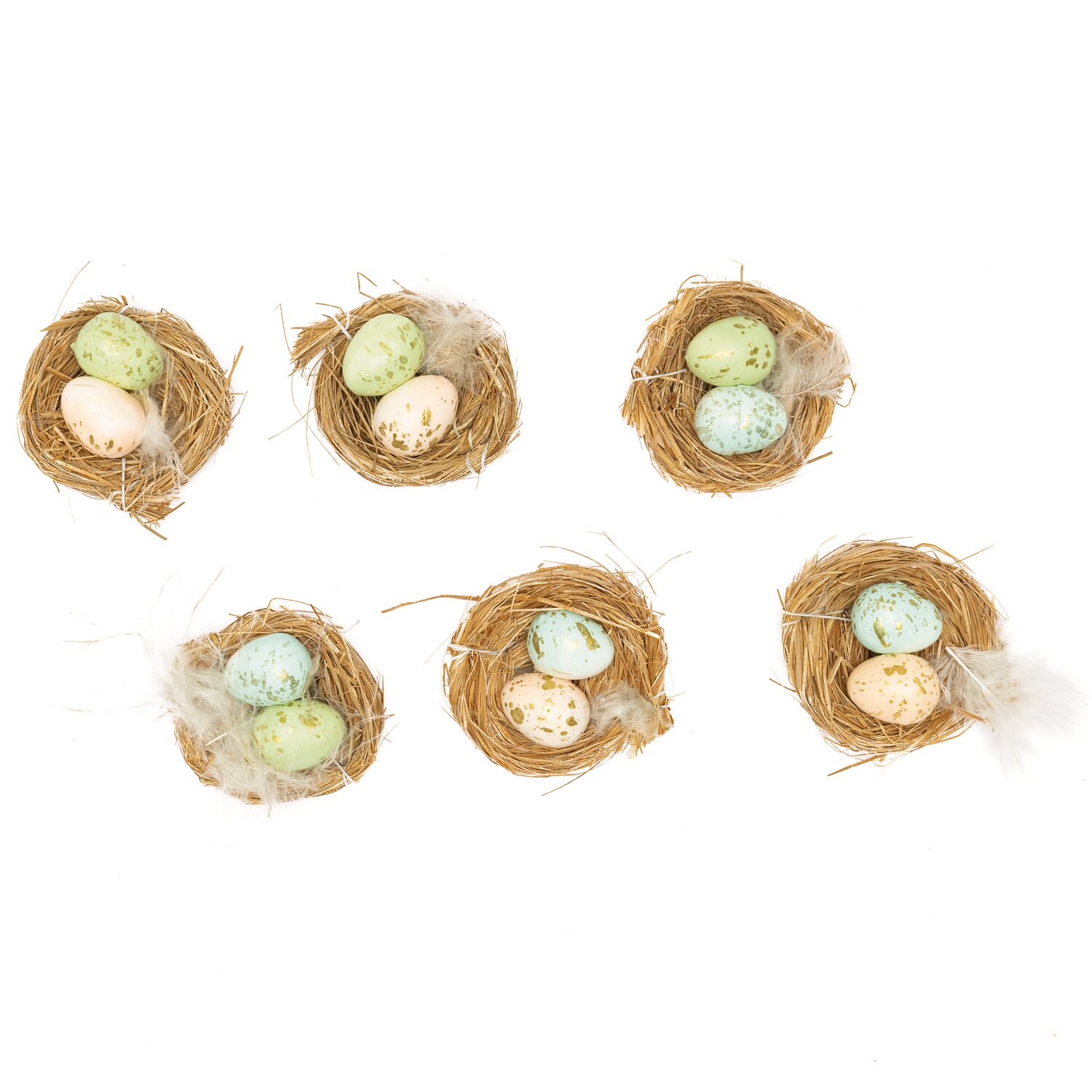 Osternest mit Eiern hell 6cm 6 Stück: Sechs dekorative Nester mit bunten Eiern, ideal für Osterdekorationen.