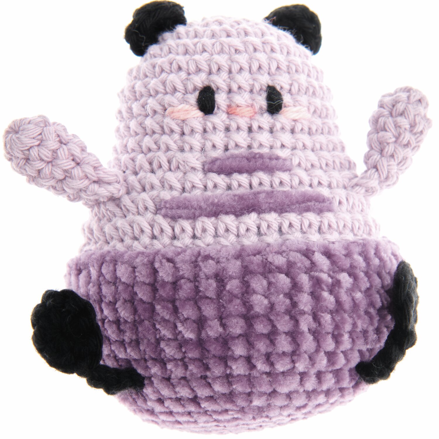Ricorumi Nilli Nilli, ein gehäkeltes Spielzeug in Flieder und Lila mit schwarzen Details.