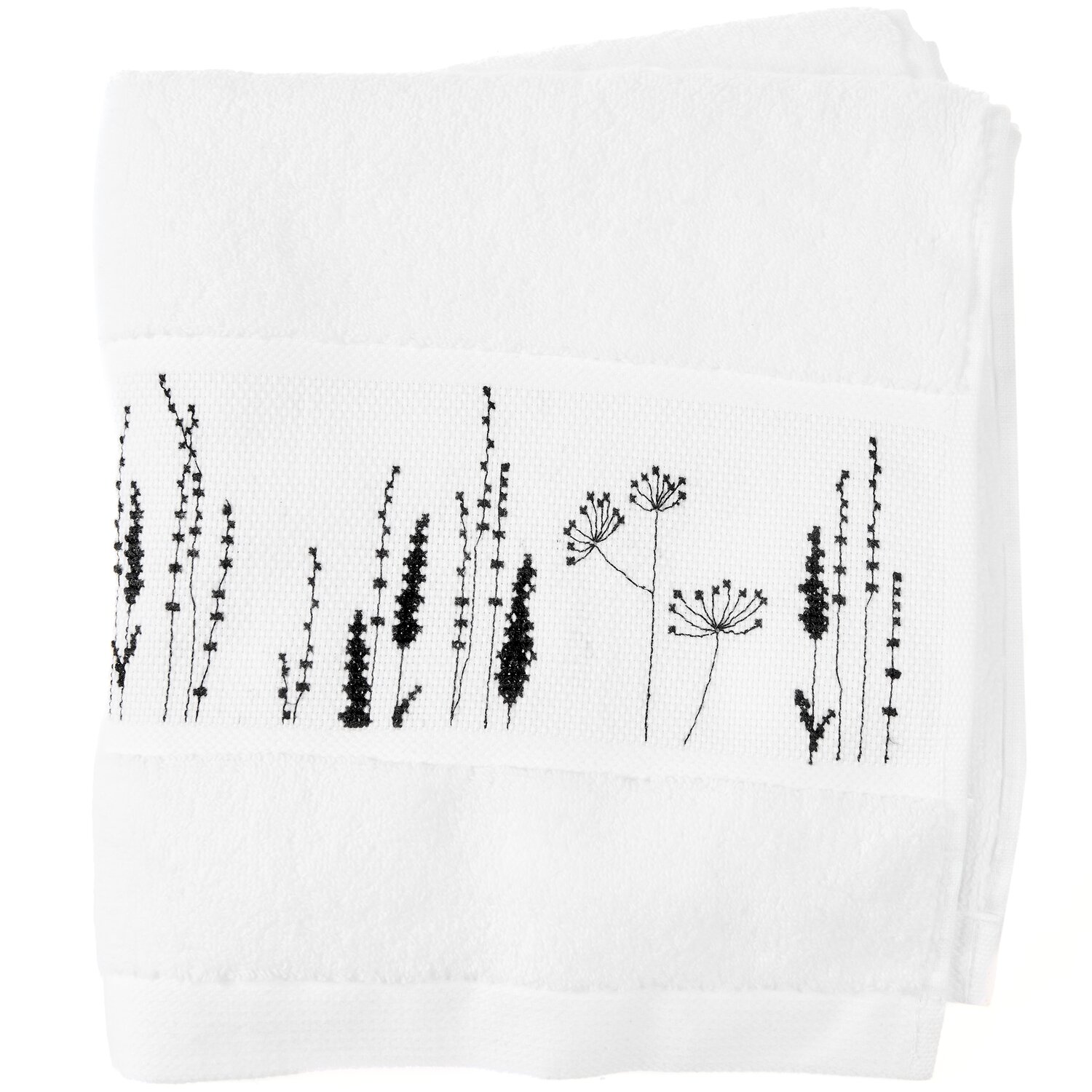 Stickset Handtuch, Weiß Modell 80857 aus Stickbuch 186 zeigt ein weiches Gästehandtuch mit schwarzem Blumenstickmotiv auf breiter Bordüre