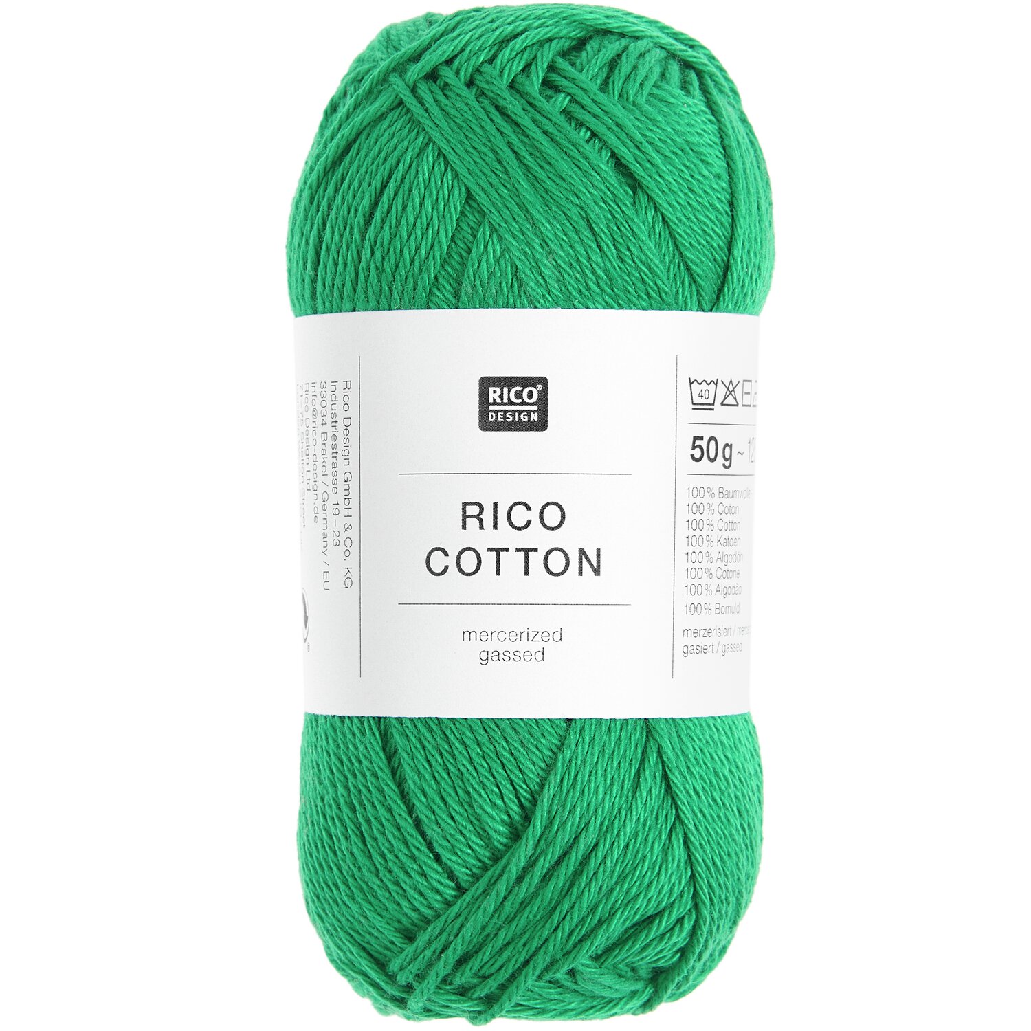 Rico Cotton: Hochwertiges, mercerisiertes Baumwollgarn in lebendigem Grün, ideal für Strickprojekte. 50g Knäuel mit 125m Lauflänge.