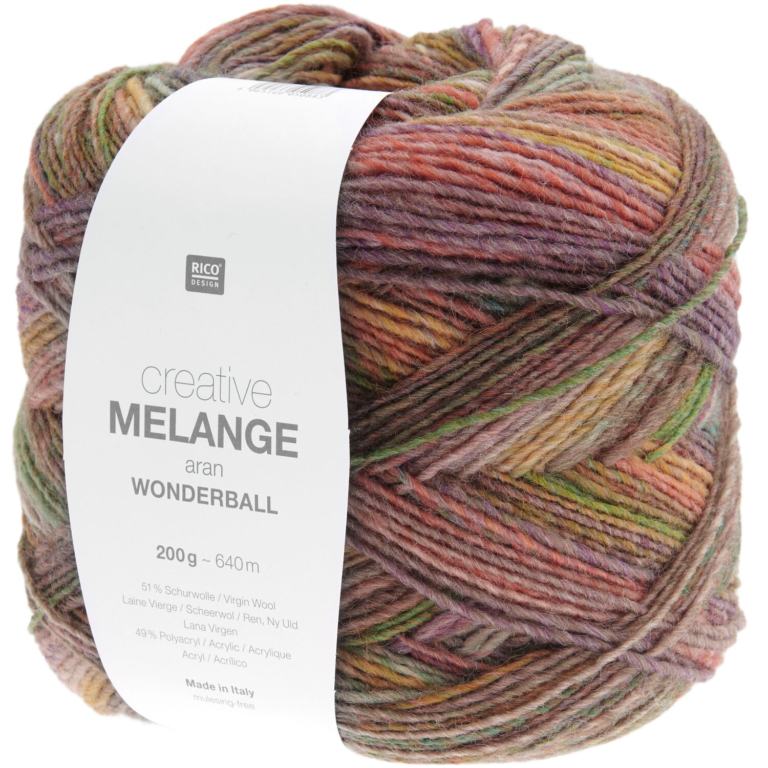 Creative Melange aran Wonderball 200g 640m Farbe Terra von Rico Design Creative Melange aran Wonderball, 200g 640m, in erdigen Tönen von Rico Design, ideal für Strickprojekte.