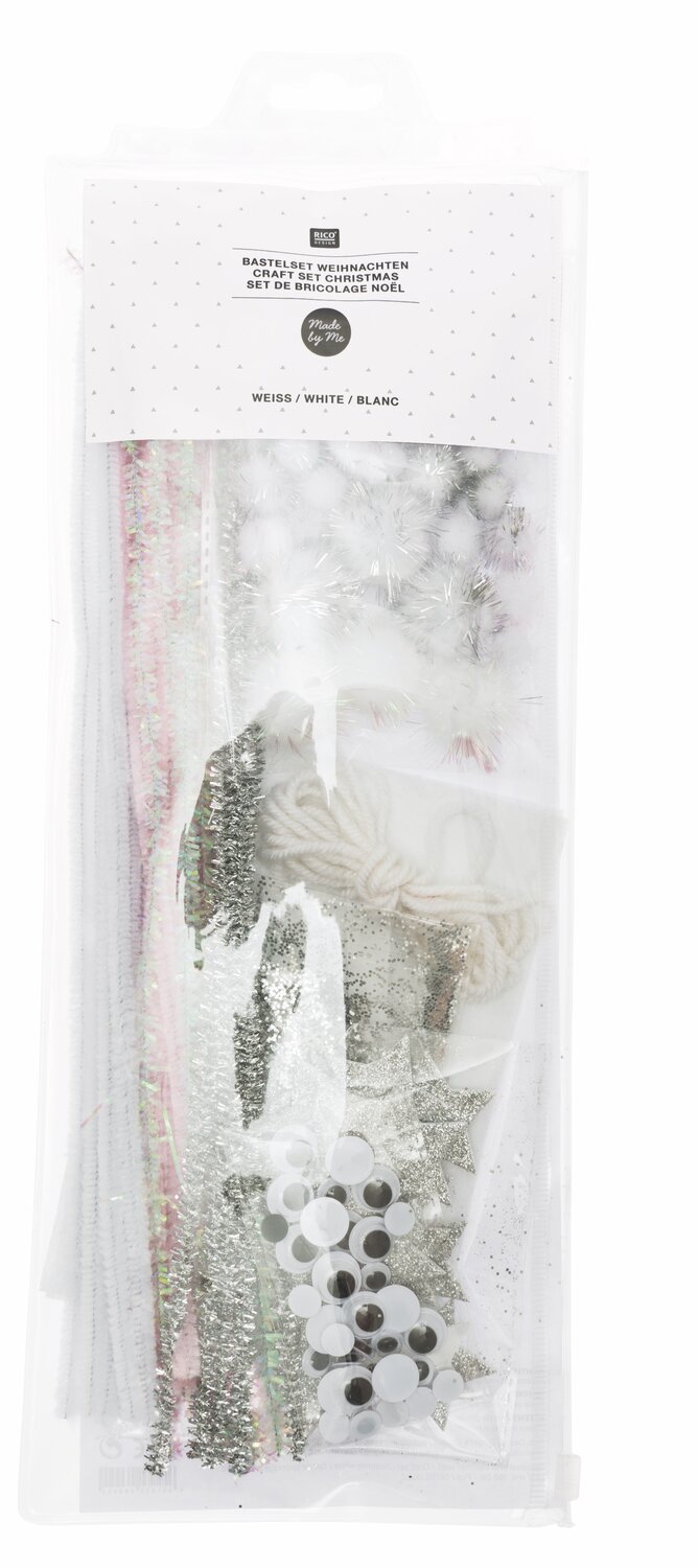 DIY-Bastelset Weihnachten weiß, 168-teilig, von Rico Design. Enthält diverse Bastelmaterialien in einer transparenten Verpackung.