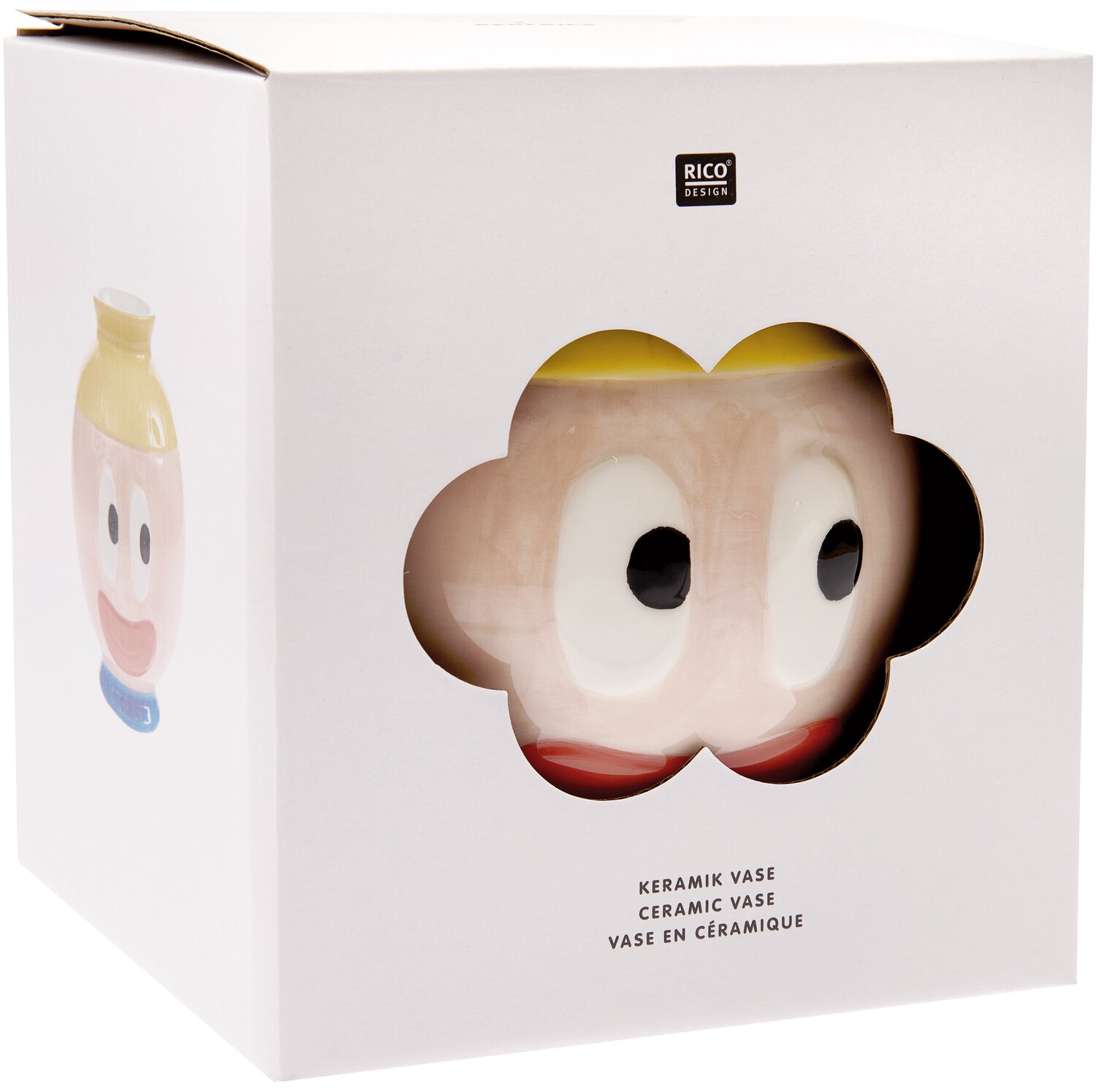 Rico Design x Redfries Keramik Vase Eye Candy in bunter Verpackung mit fröhlichem Gesichtsmotiv.