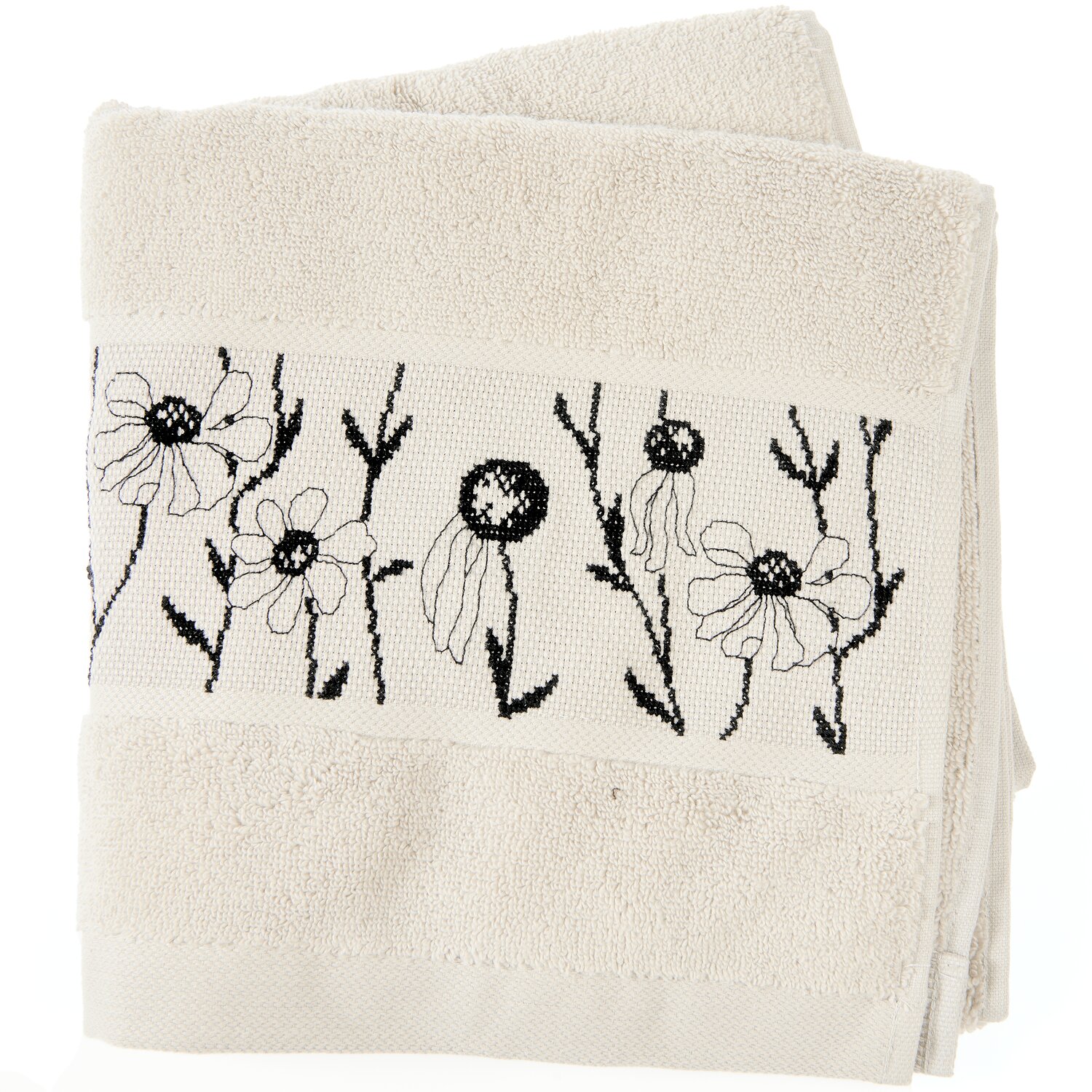Stickset Handtuch, Hellbeige Modell 80853 aus Stickbuch 186 mit bestickbarem Bordürenstreifen und schwarzem Blumenmuster auf weicher Frottier-Oberfläche