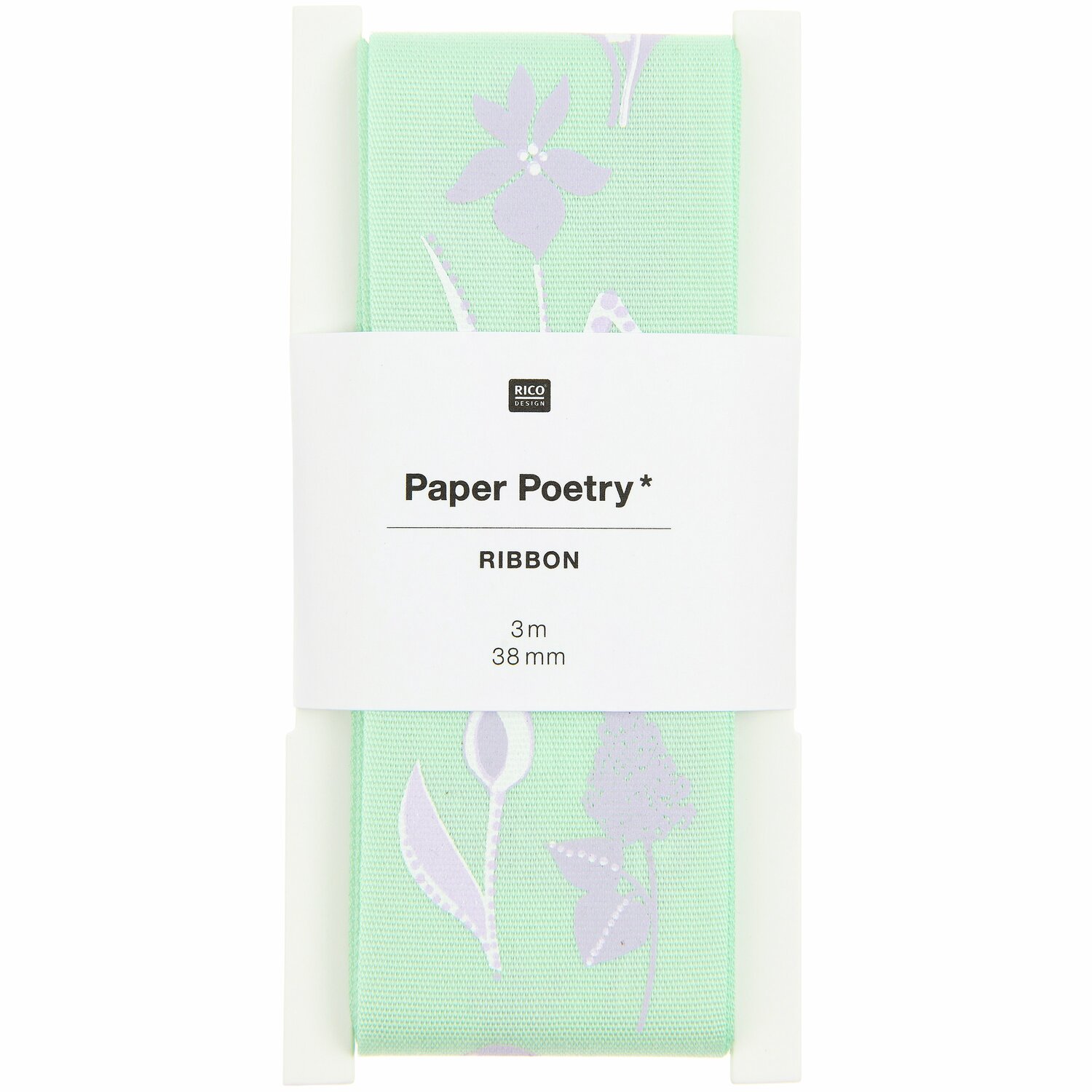Paper Poetry Taftband Blumenwiese, 38mmx3m, grün mit floralen Mustern, von Rico Design. Ideal für kreative Projekte.