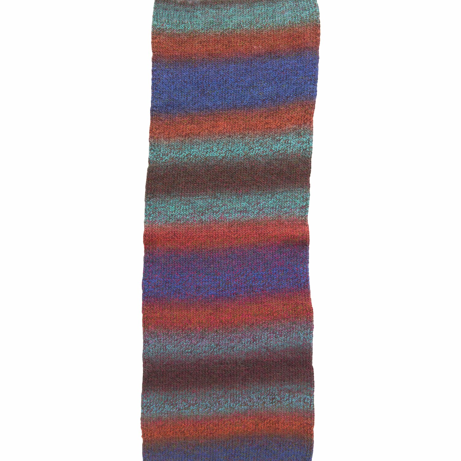 Creative Melange Alpaca Wonderball dk zeigt einen gestrickten Streifenverlauf in Blau, Rot und Braun. Ideal für kreative Strickprojekte.