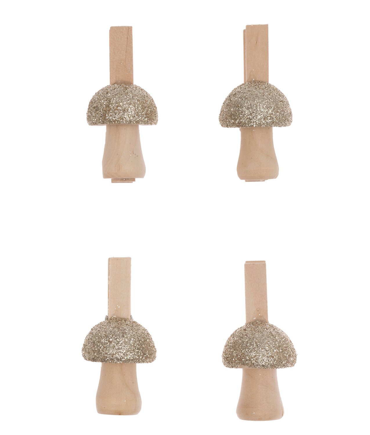 Holzclips Pilz mit Glitter natur-gold 4,8cm 4 Stück: Vier dekorative Clips in Pilzform mit glitzerndem Goldakzent. Ideal für kreative Bastelprojekte.