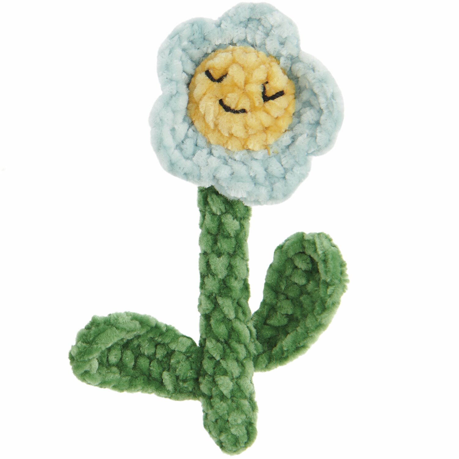 Ricorumi Häkelset Schlüsselanhänger Chingu Earth zeigt eine gehäkelte Blume mit gelbem Gesicht und grünen Blättern.