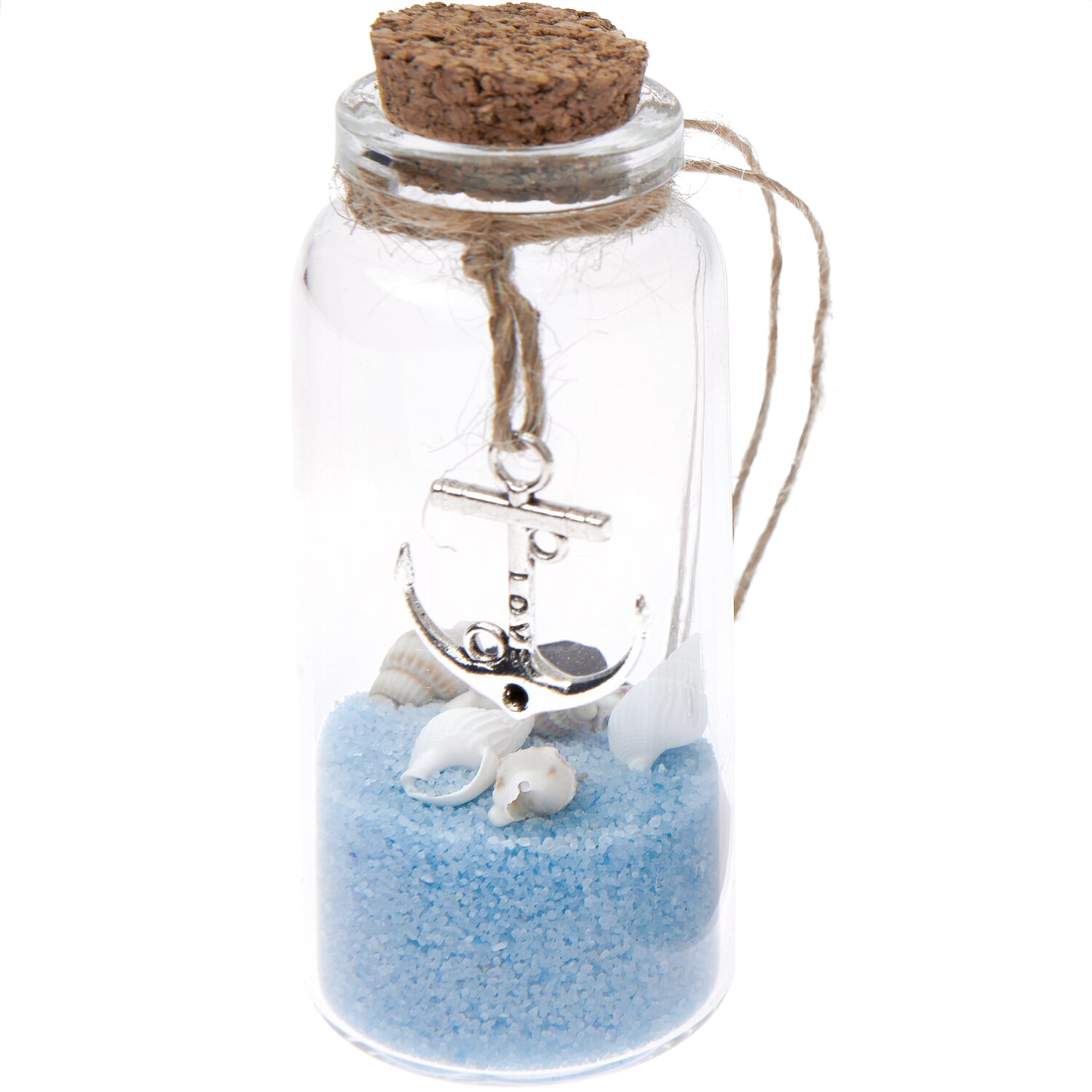 Hänger Flasche mit Sand und Muscheln hellblau 7,5cm, dekoriert mit Anker und Korkverschluss.