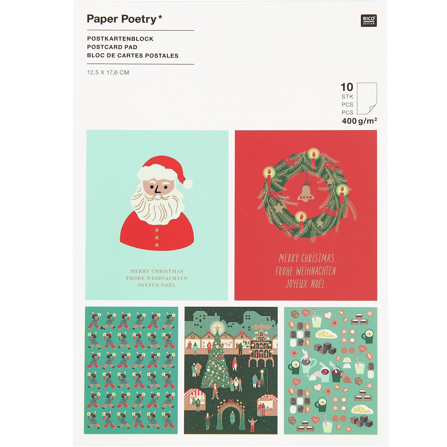 Paper Poetry Postkartenblock Weihnachtsmarkt zeigt festliche Motive mit Weihnachtsmann und Kranz. Enthält 10 Karten von Rico Design, ideal für die Feiertage.