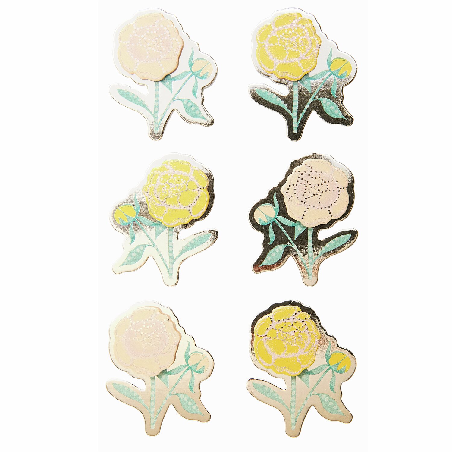 Paper Poetry 3D-Sticker Pfingstrosen, 6-teilig, gelbe Blumen auf hellblauem Hintergrund, ideal für kreative Projekte.