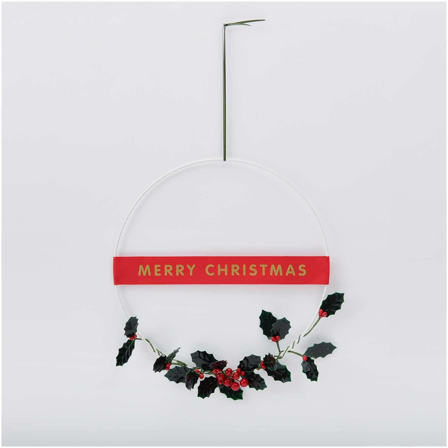 Metallring Weiß matt mit rotem "Merry Christmas"-Banner und grünen Blättern, ideal für festliche Dekorationen.