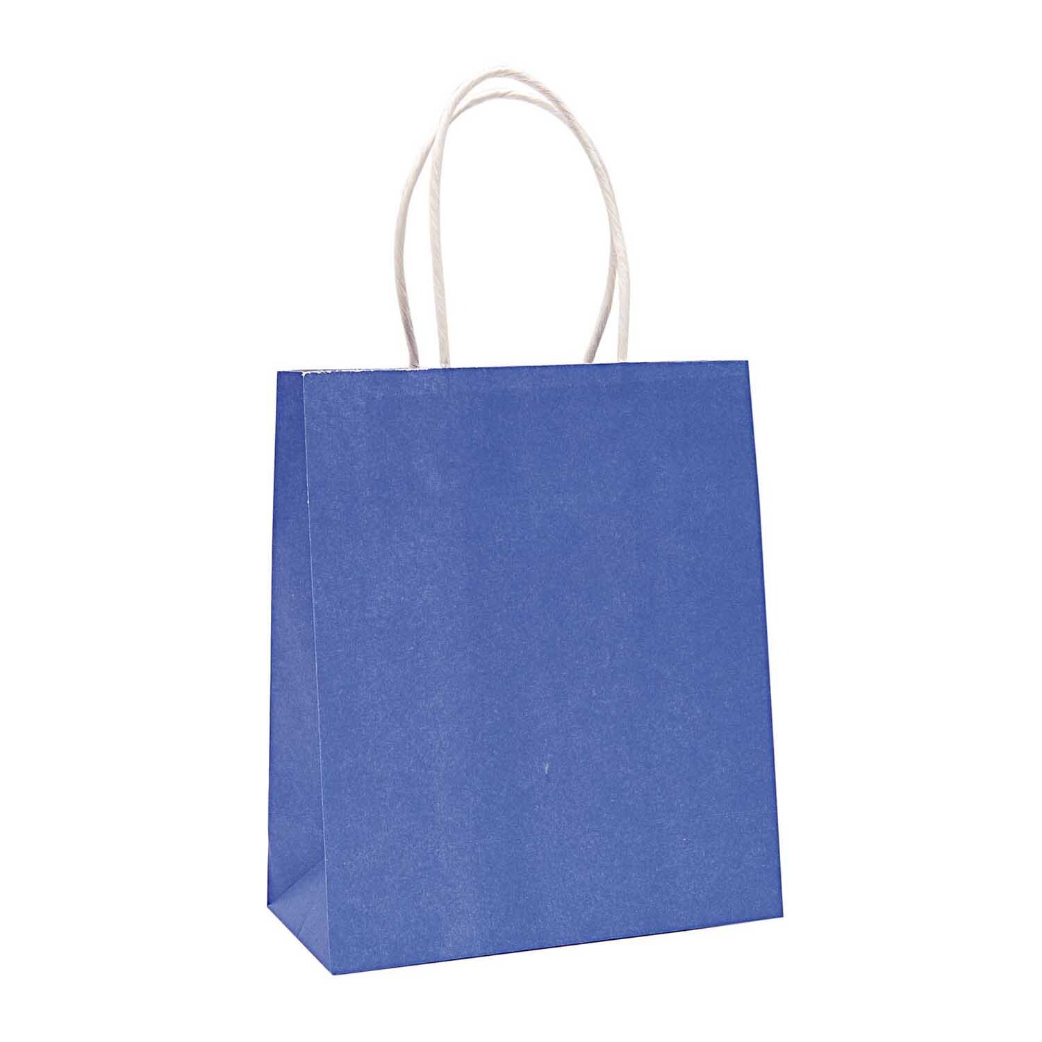 Papiertüte blau von Rico Design mit weißen Griffen, ideal für Geschenke oder Einkäufe.