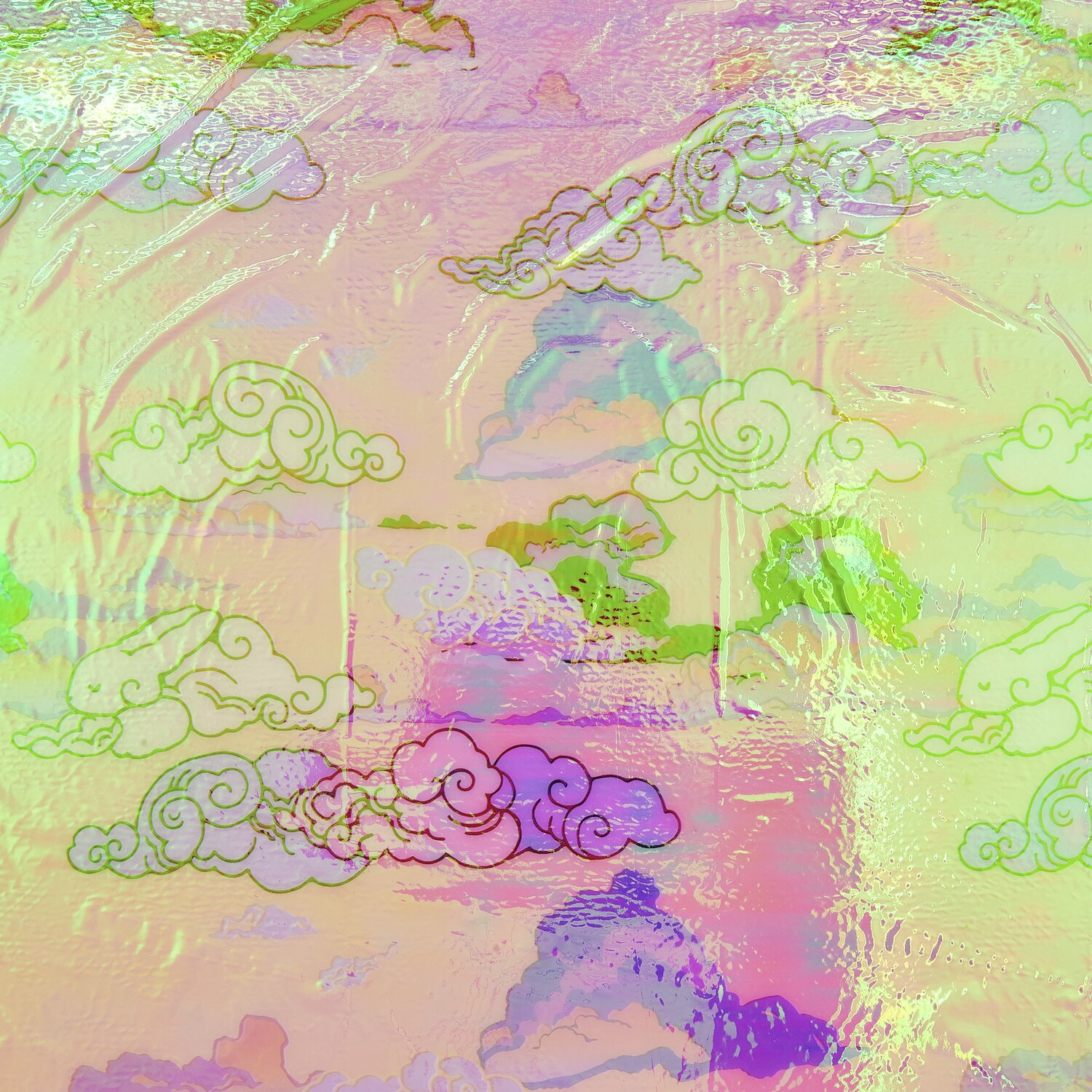 Paper Poetry Geschenkfolie Wolken, 0,7x2m, zeigt pastellfarbene Wolkenmuster auf schimmerndem Hintergrund. Ideal für kreative Verpackungen.