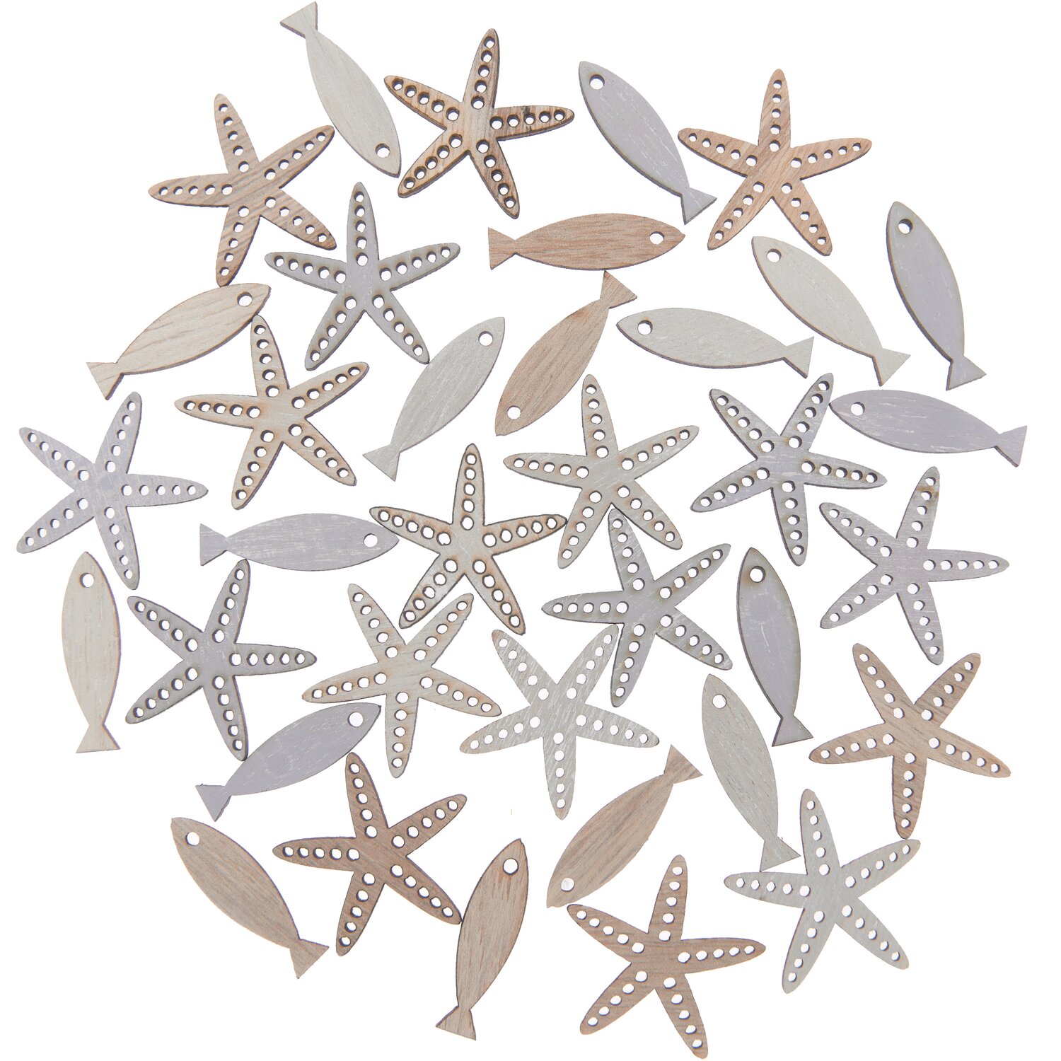 Holzstreu Fisch & Seestern Mix natur 36 Stück zeigt dekorative, naturfarbene Holzformen.