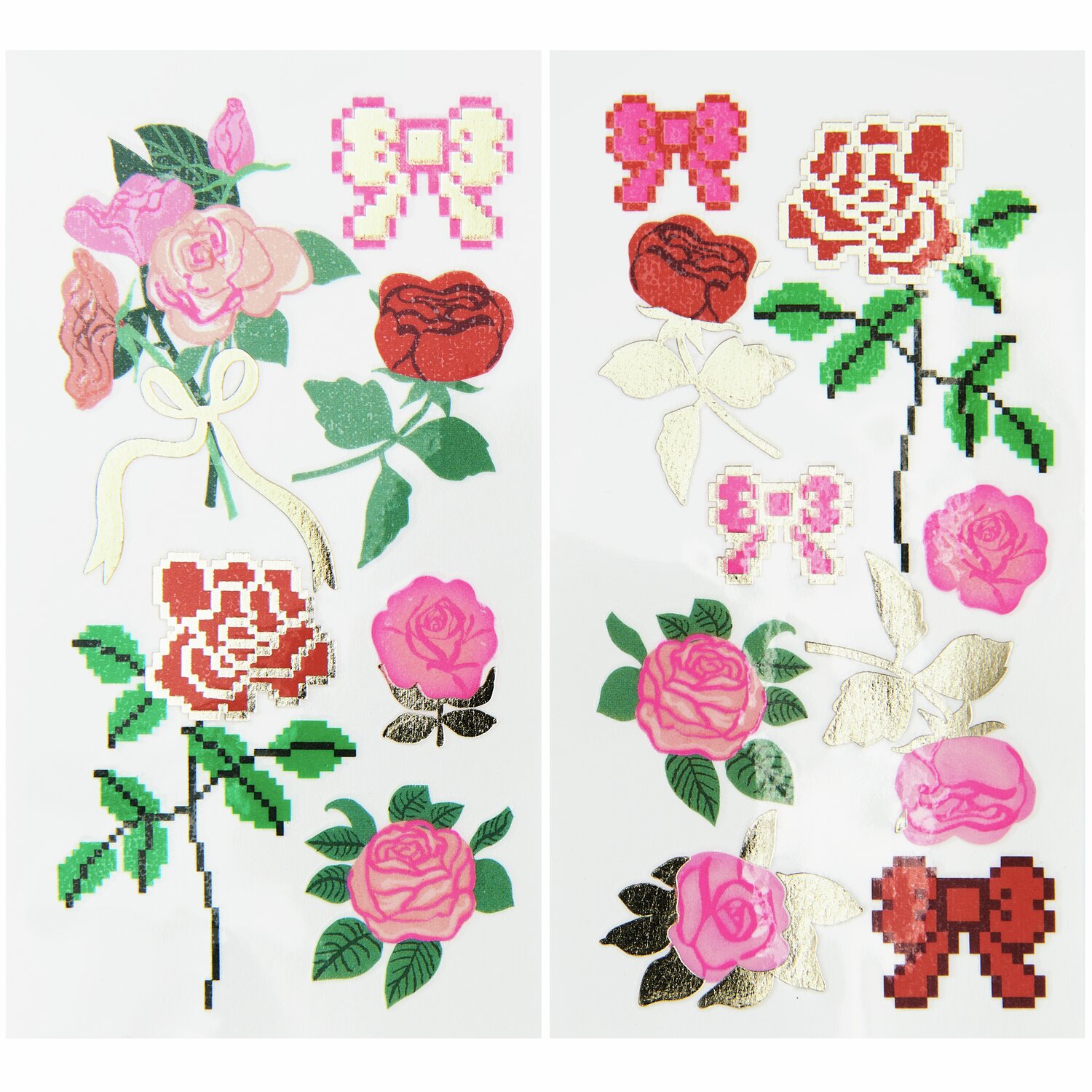 Tattoos Pixel Rosen: 15-teiliges Set mit bunten Rosen- und Schleifenmotiven im Pixelstil. Ideal für kreative Designs.