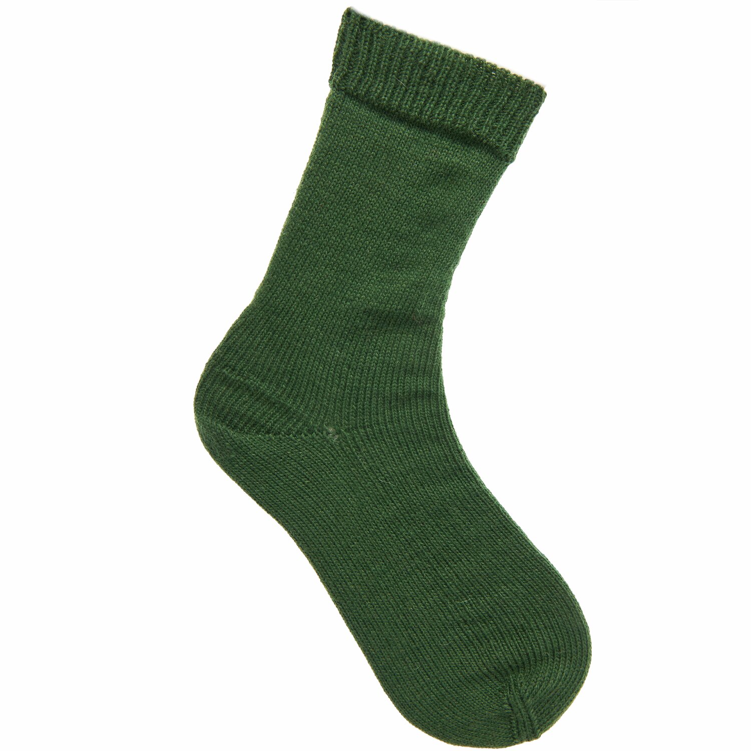 Sockenwolle Premium 4-fädig in Loden zeigt einen gestrickten, grünen Socken von Rico Design.