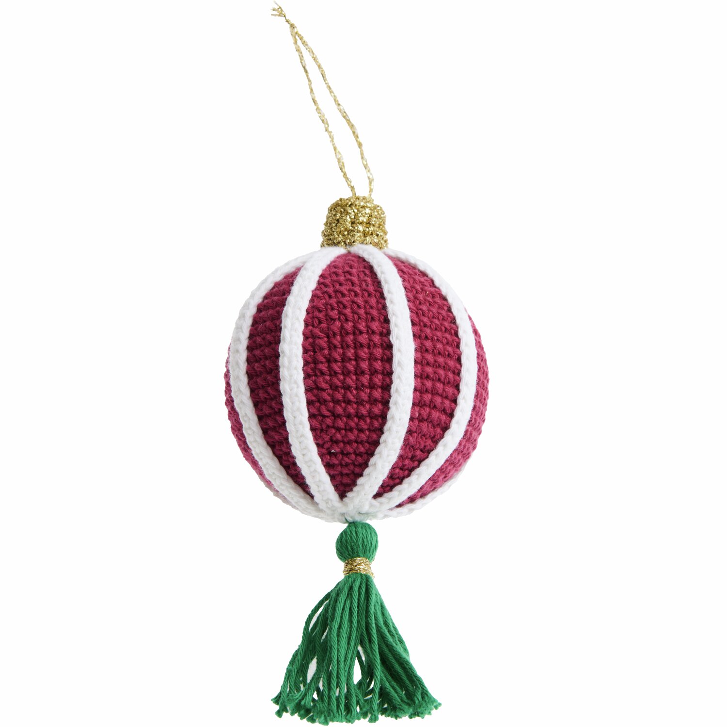 Ricorumi Häkelset Christbaumkugeln Gold: Handgehäkelte Kugel in Rot mit weißen Streifen und grünem Quast. Ideal für festliche Dekorationen.