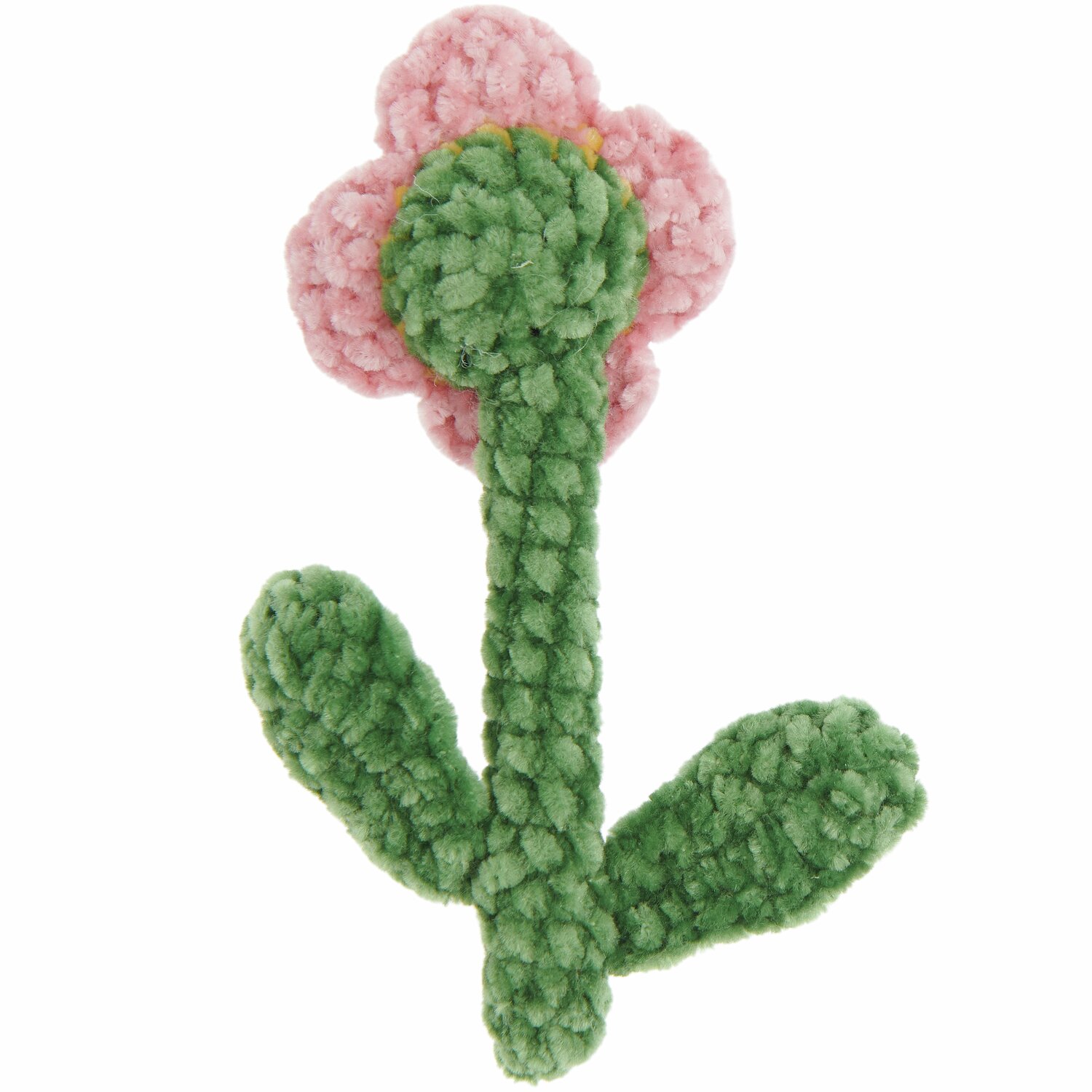 Ricorumi Häkelset Schlüsselanhänger Chingu Earth zeigt eine gehäkelte Blume in Rosa und Grün. Ideal für kreative DIY-Projekte.