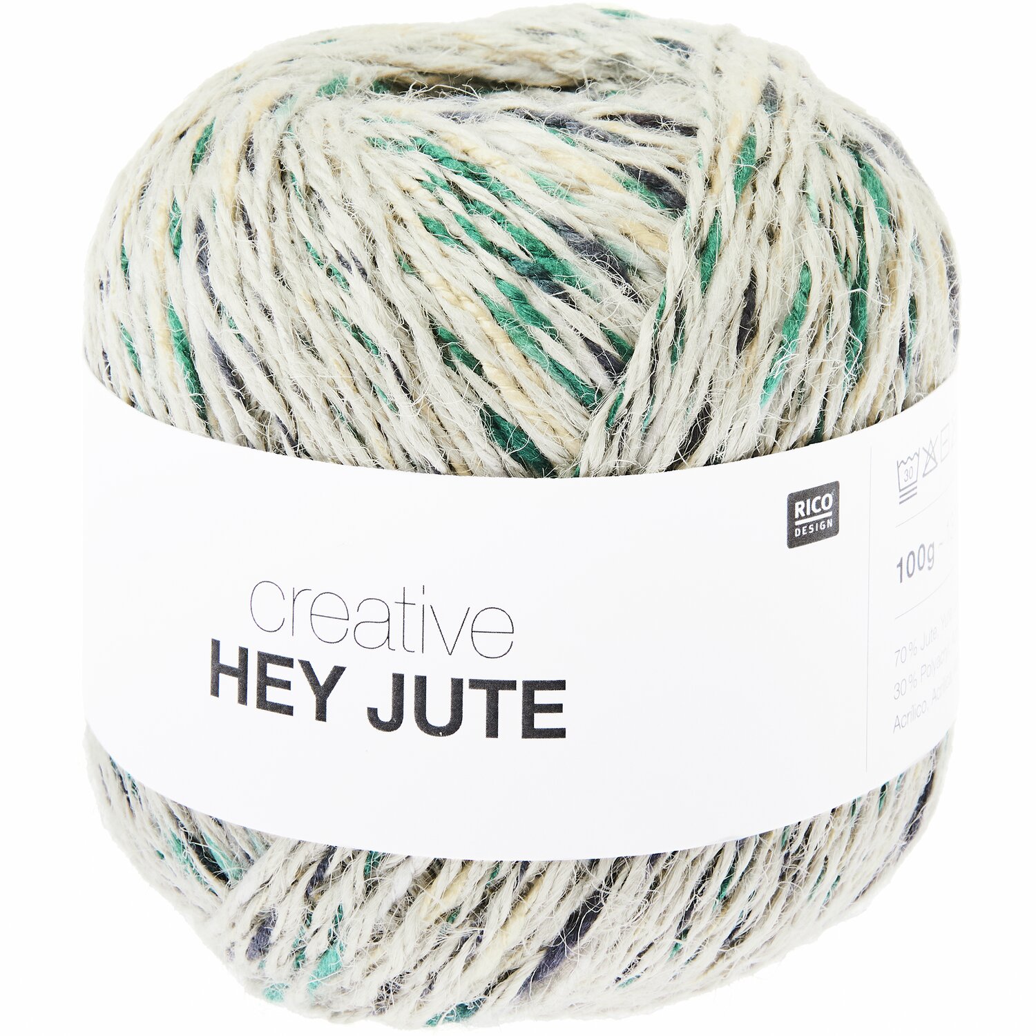 Creative "Hey Jute" Garn von Rico Design, 100g, 130m, in natürlichen Tönen mit grünen Akzenten. Ideal für kreative Strickprojekte.