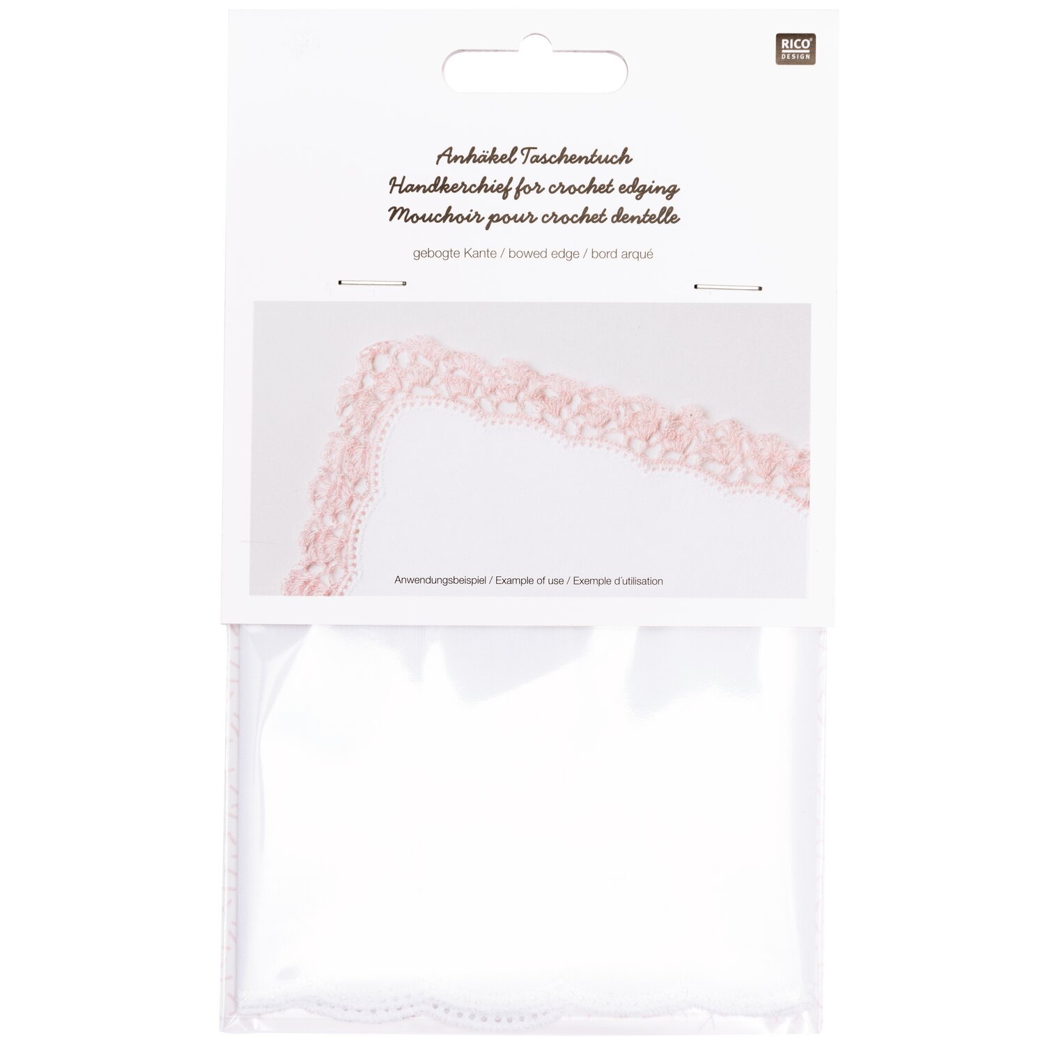 Paper Poetry Anhäkeltaschentuch mit geschwungener Kante 25x25cm von Rico Design, dekorativ verpacktes Stofftaschentuch zum Selbstbehäkeln für individuelle Spitze