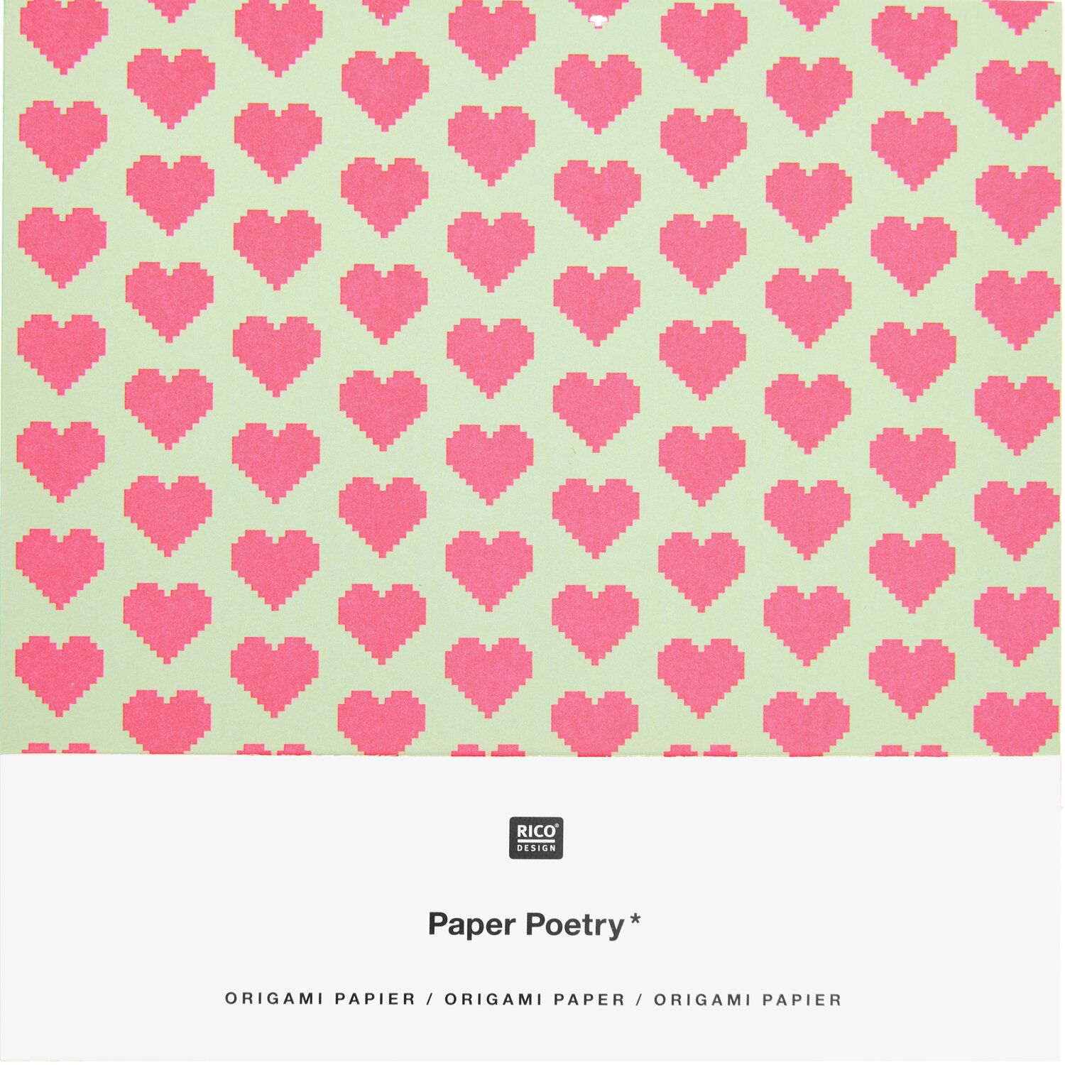 Paper Poetry Origami Futschikato Pixel, 15x15cm, 50 Blatt. Rosa Herzmuster auf hellgrünem Hintergrund, ideal für kreative Projekte. Marke: Rico Design.