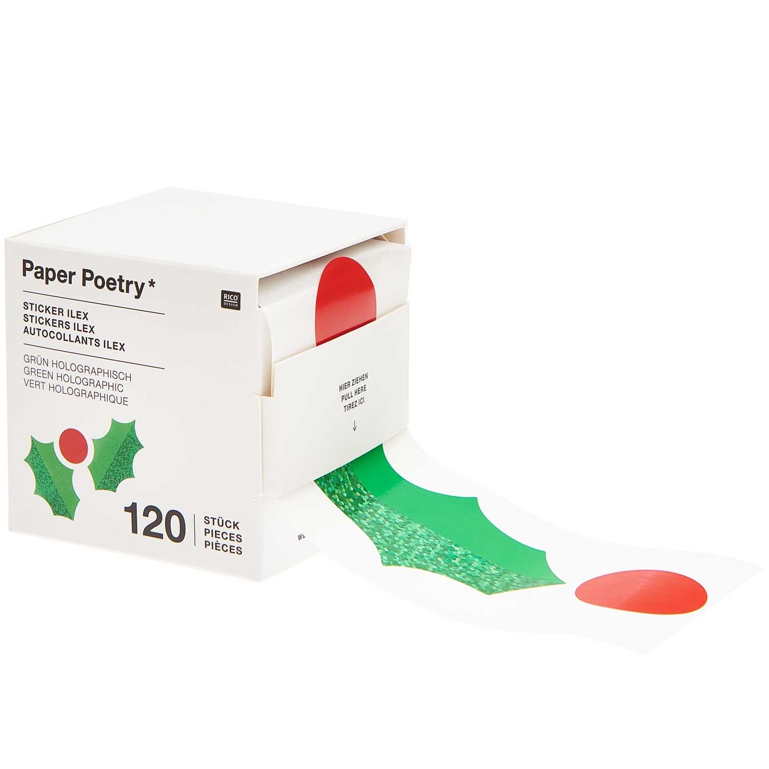 Paper Poetry Sticker Ilex, 120 Stück auf Rolle, grün holographisch, rote Akzente, Hot Foil.