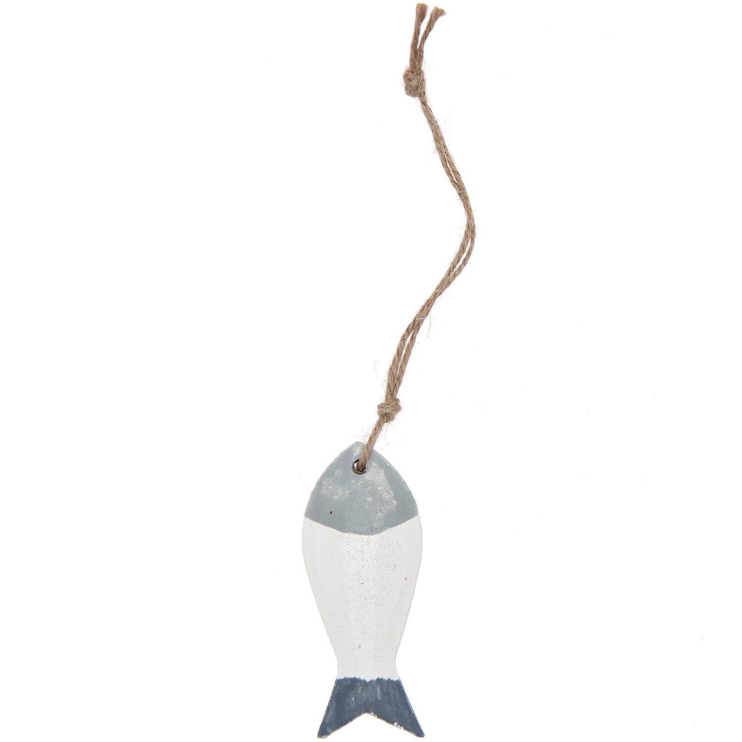 Holzhänger Fisch grau-weiß 8,5x3,5cm: Dekorativer Anhänger in Fischform mit Juteschnur, ideal für maritime Dekorationen.