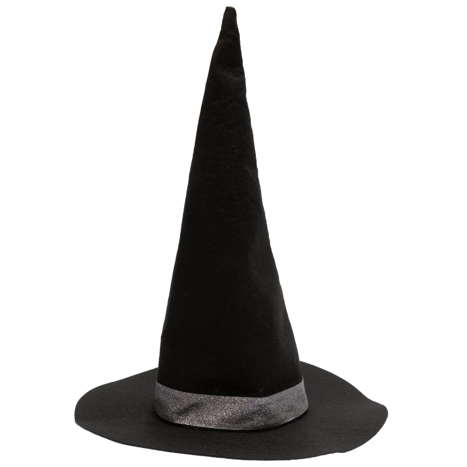 Filzhut schwarz: Eleganter, spitzer Hut aus schwarzem Filz mit grauem Band, ideal für Kostüme.