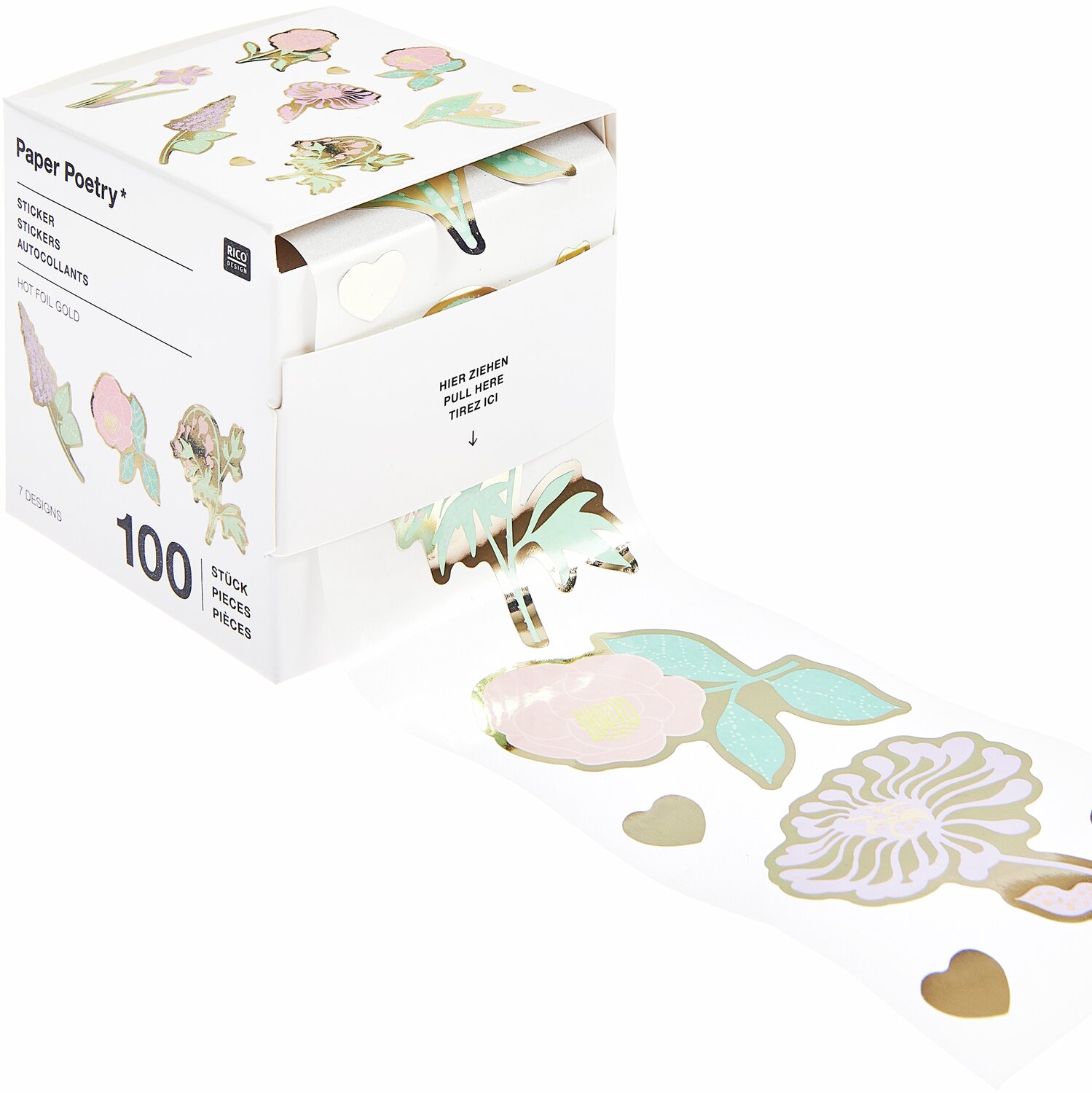 Paper Poetry Sticker auf Rolle Blumen, 100-teilig, zeigt bunte Blumenmotive und goldene Herzen. Ideal für kreative Bastelprojekte und Dekorationen.